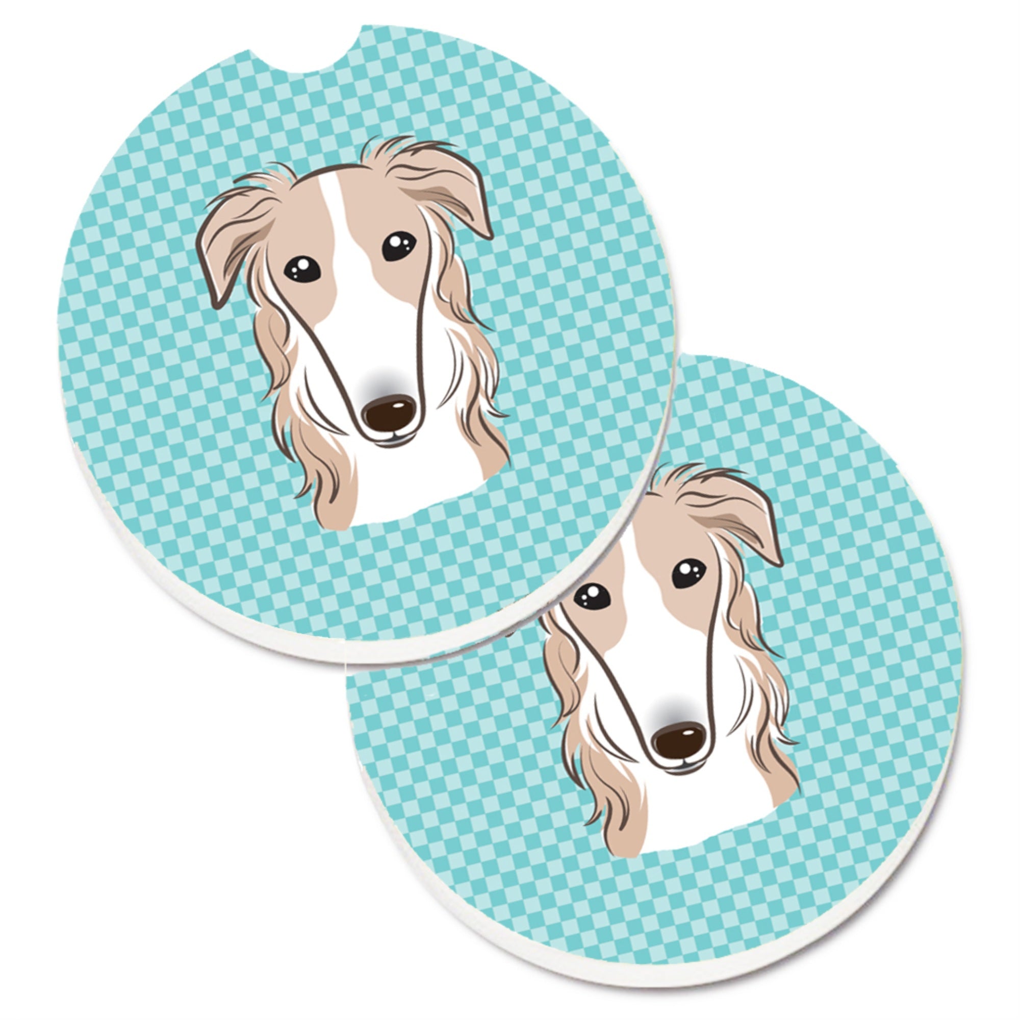 Caroline'S Treasures Checkerboard Blue Borzoi Set Of 2 Cup Holder Car Coasters Bb1166Carc, 2.56, Multicolor