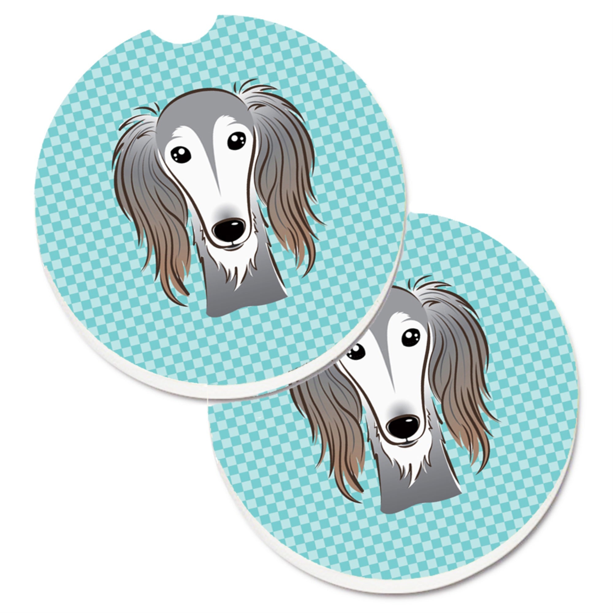 Caroline'S Treasures Checkerboard Blue Saluki Set Of 2 Cup Holder Car Coasters Bb1167Carc, 2.56, Multicolor