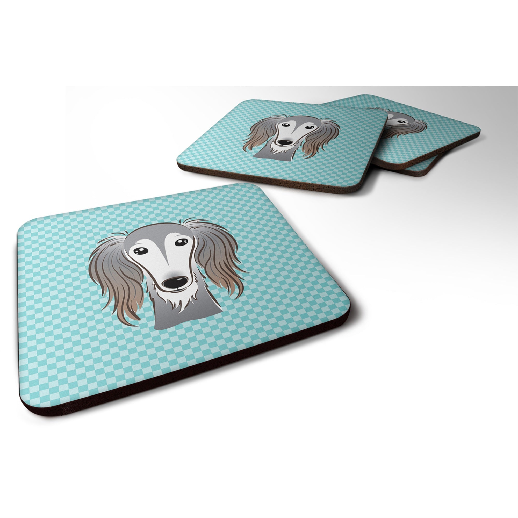 Caroline'S Treasures Bb1167Fc Checkerboard Blue Saluki Foam Coaster (Set Of 4), 3.5 H X 3.5 W, Multicolor
