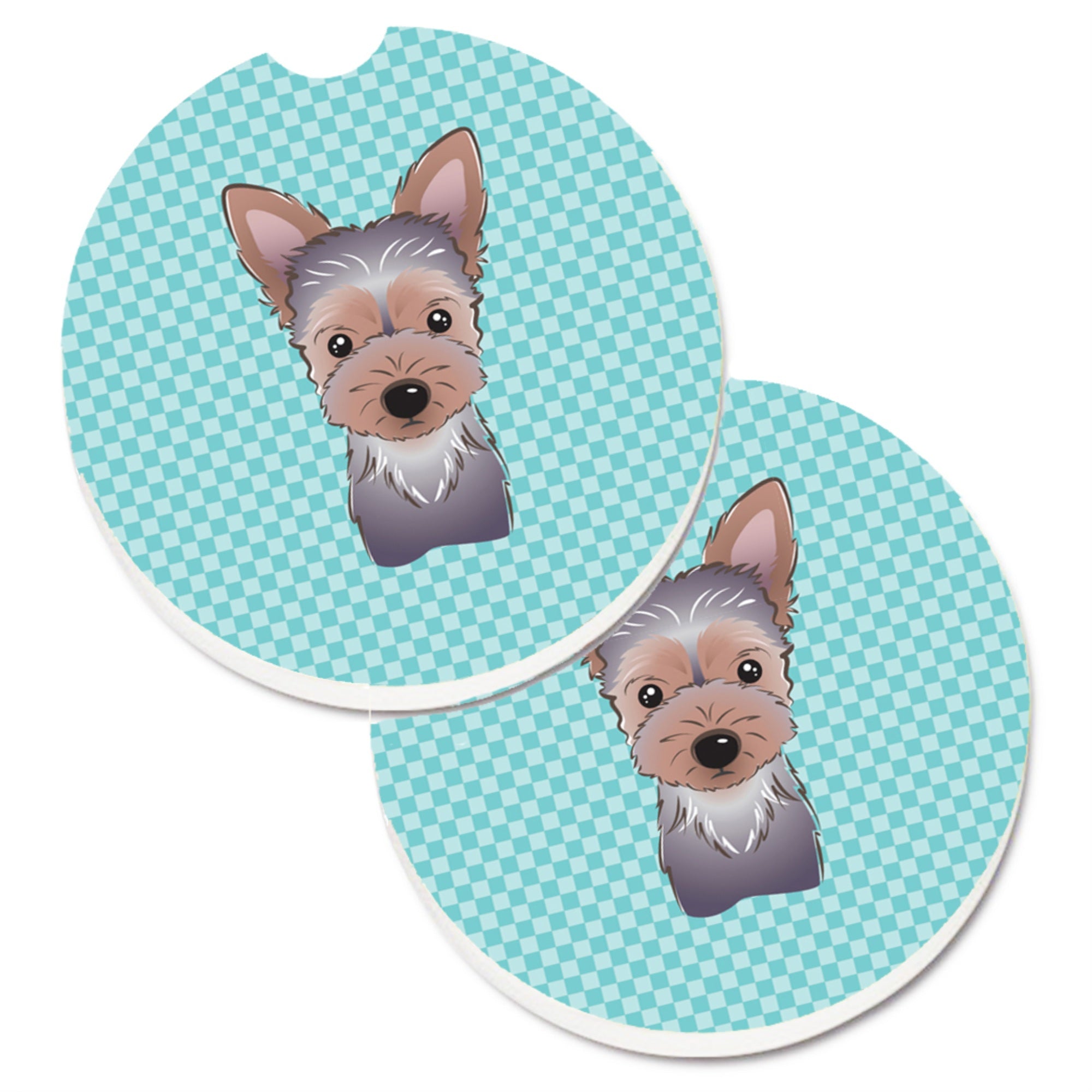 Caroline'S Treasures Checkerboard Blue Yorkie Puppy Set Of 2 Cup Holder Car Coasters Bb1170Carc, 2.56, Multicolor