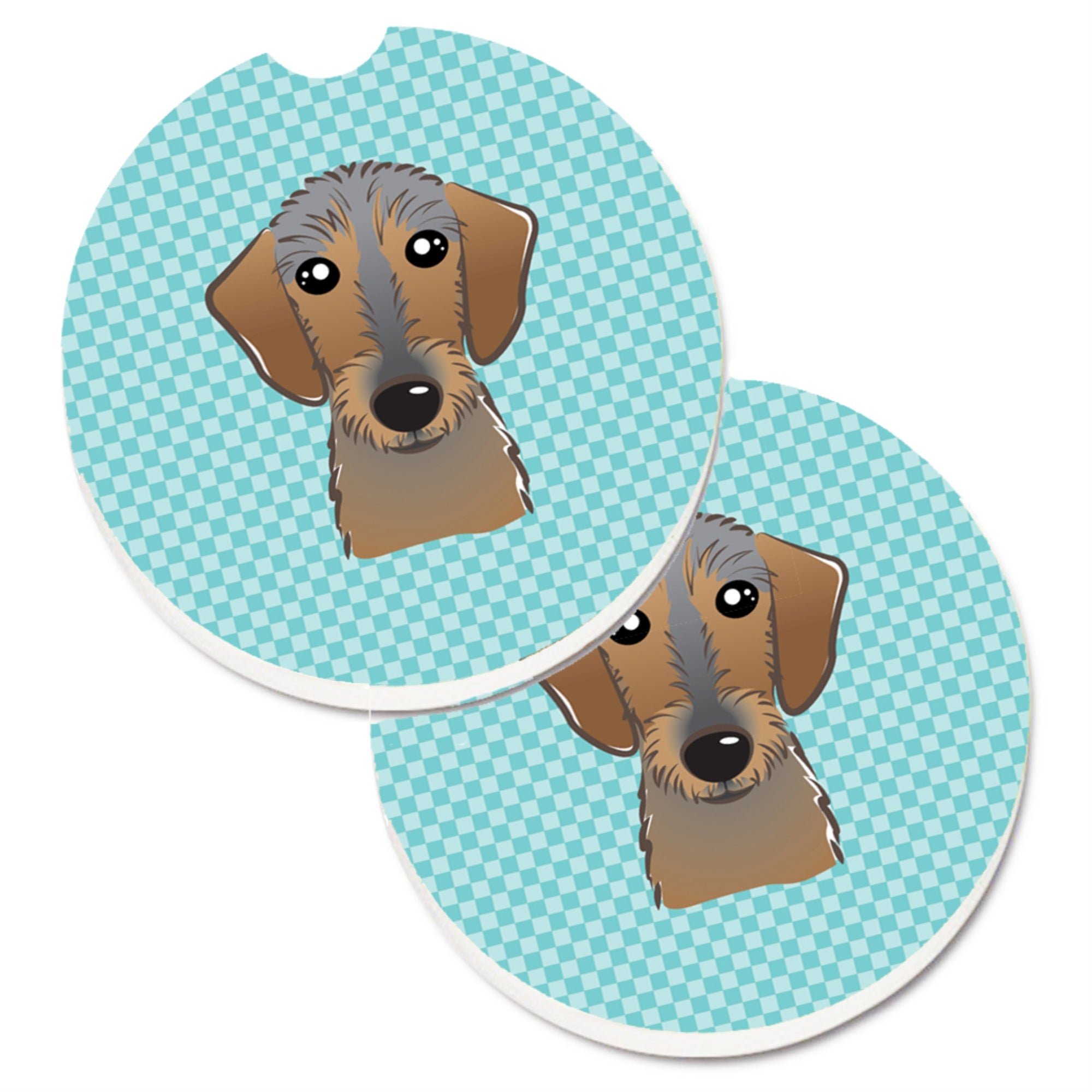 Caroline'S Treasures Checkerboard Blue Wirehaired Dachshund Set Of 2 Cup Holder Car Coasters Bb1171Carc, 2.56, Multicolor
