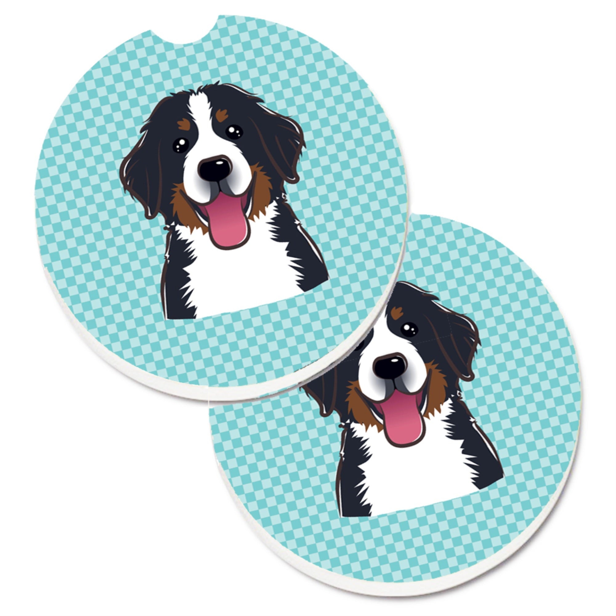 Caroline'S Treasures Checkerboard Blue Bernese Mountain Dog Set Of 2 Cup Holder Car Coasters Bb1175Carc, 2.56, Multicolor