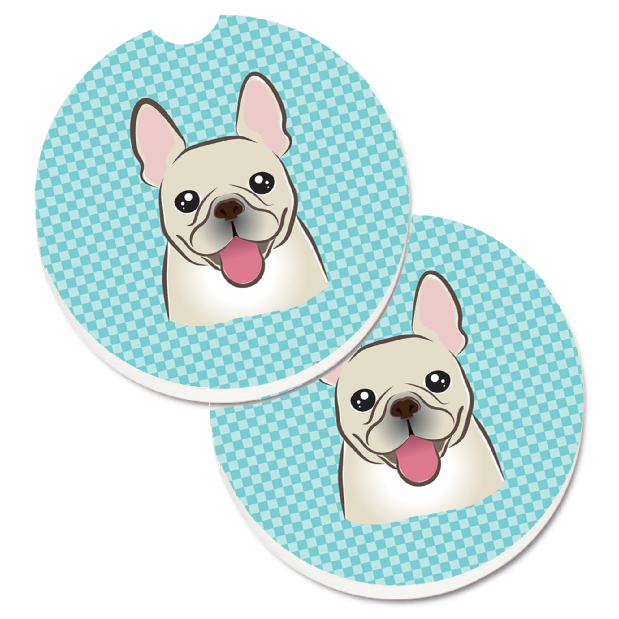 Caroline'S Treasures Checkerboard Blue French Bulldog Set Of 2 Cup Holder Car Coasters Bb1176Carc, 2.56, Multicolor