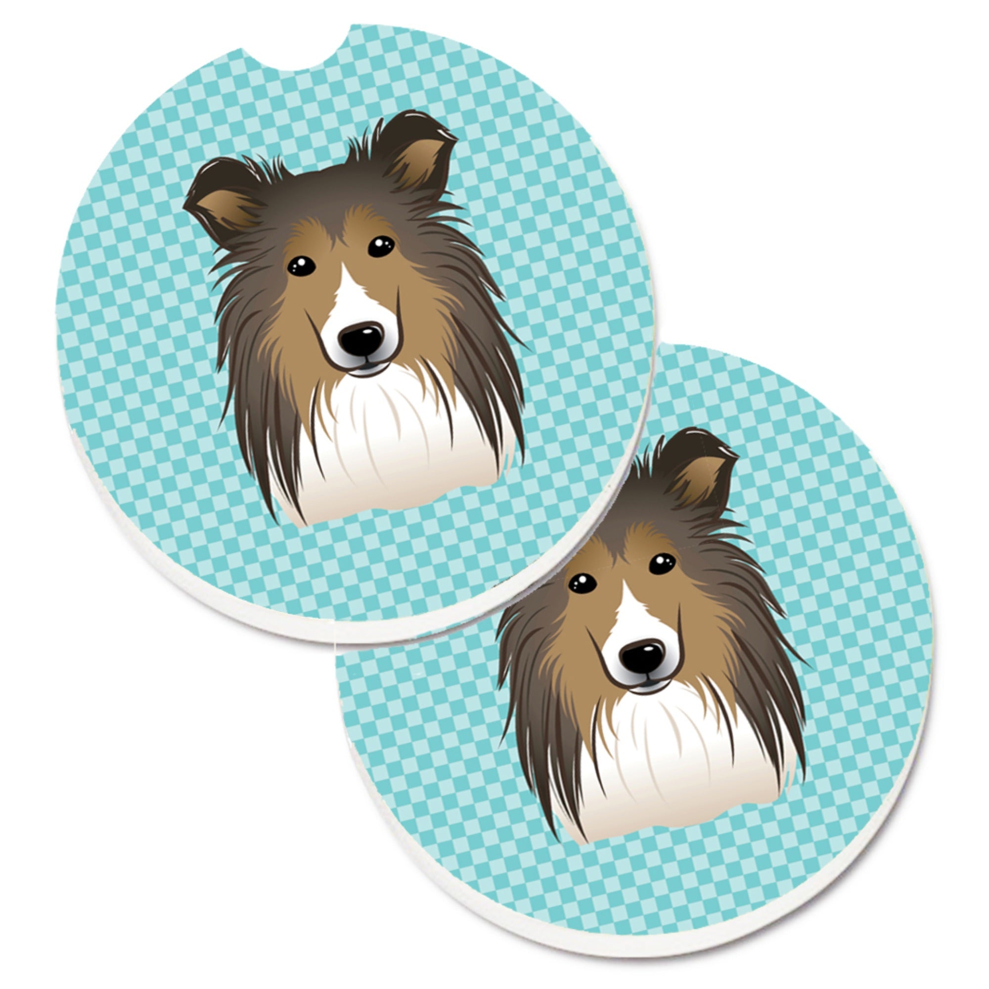Caroline'S Treasures Checkerboard Blue Sheltie Set Of 2 Cup Holder Car Coasters Bb1180Carc, 2.56, Multicolor