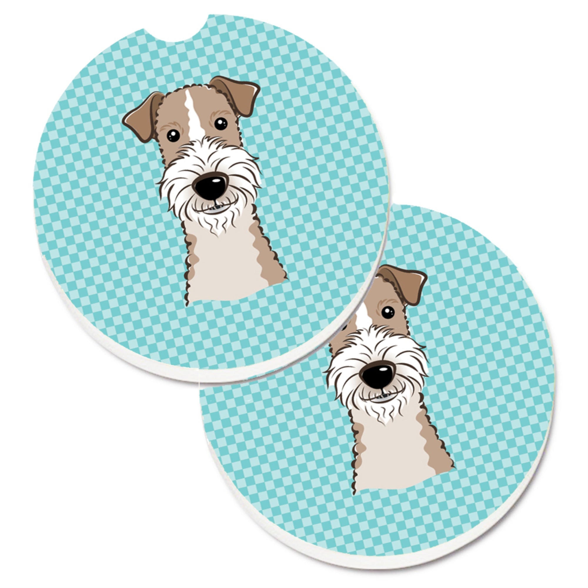 Caroline'S Treasures Checkerboard Blue Wire Haired Fox Terrier Set Of 2 Cup Holder Car Coasters Bb1185Carc, 2.56, Multicolor