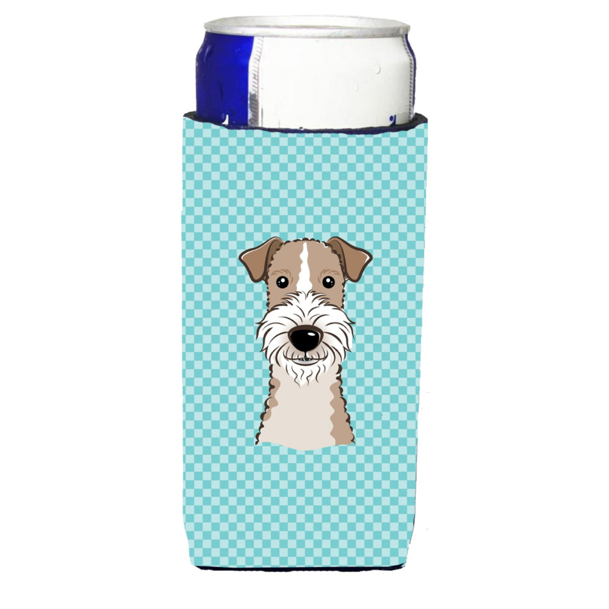 Checkerboard Blue Wire Haired Fox Terrier Ultra Beverage Insulators For Slim Cans