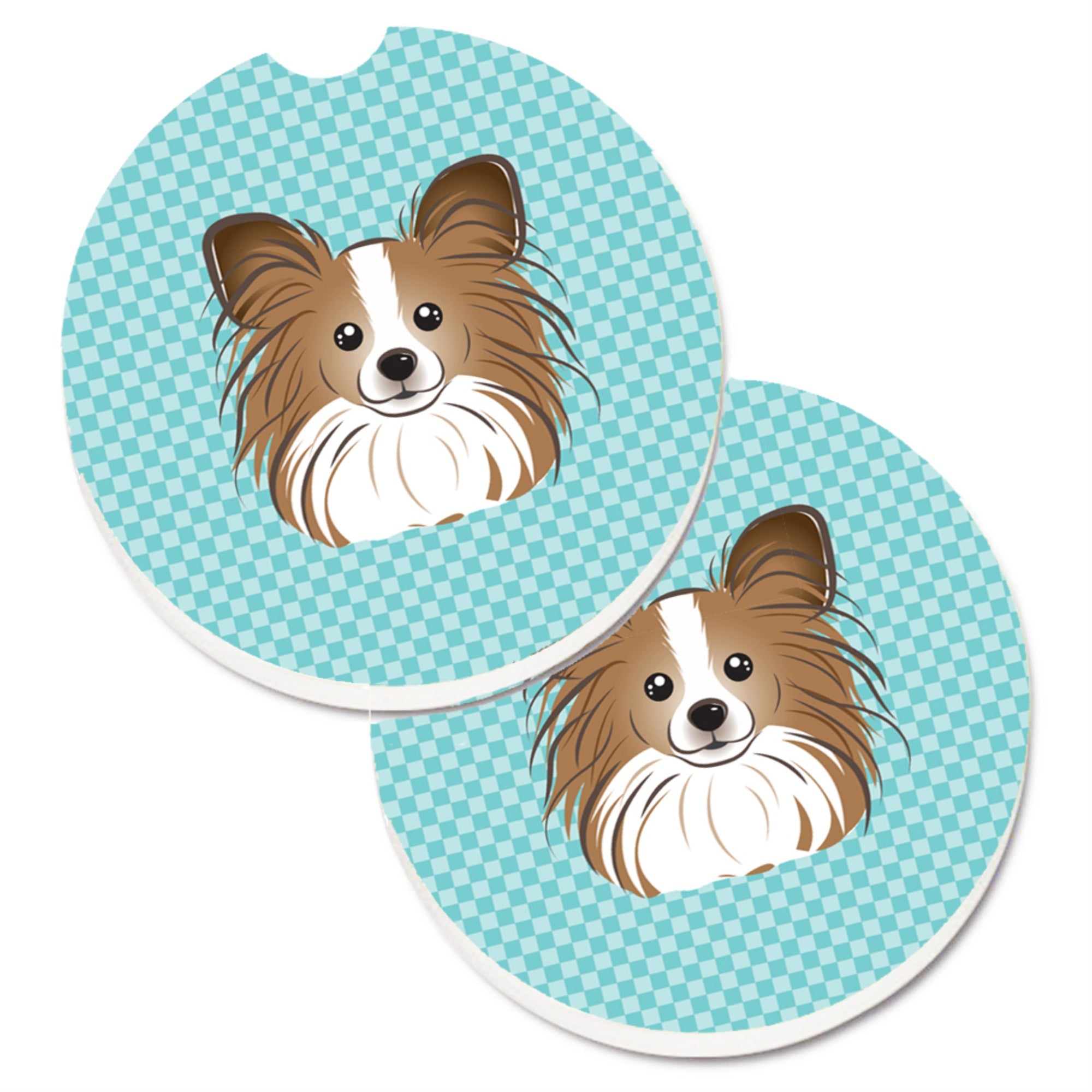 Caroline'S Treasures Checkerboard Blue Papillon Set Of 2 Cup Holder Car Coasters Bb1186Carc, 2.56, Multicolor