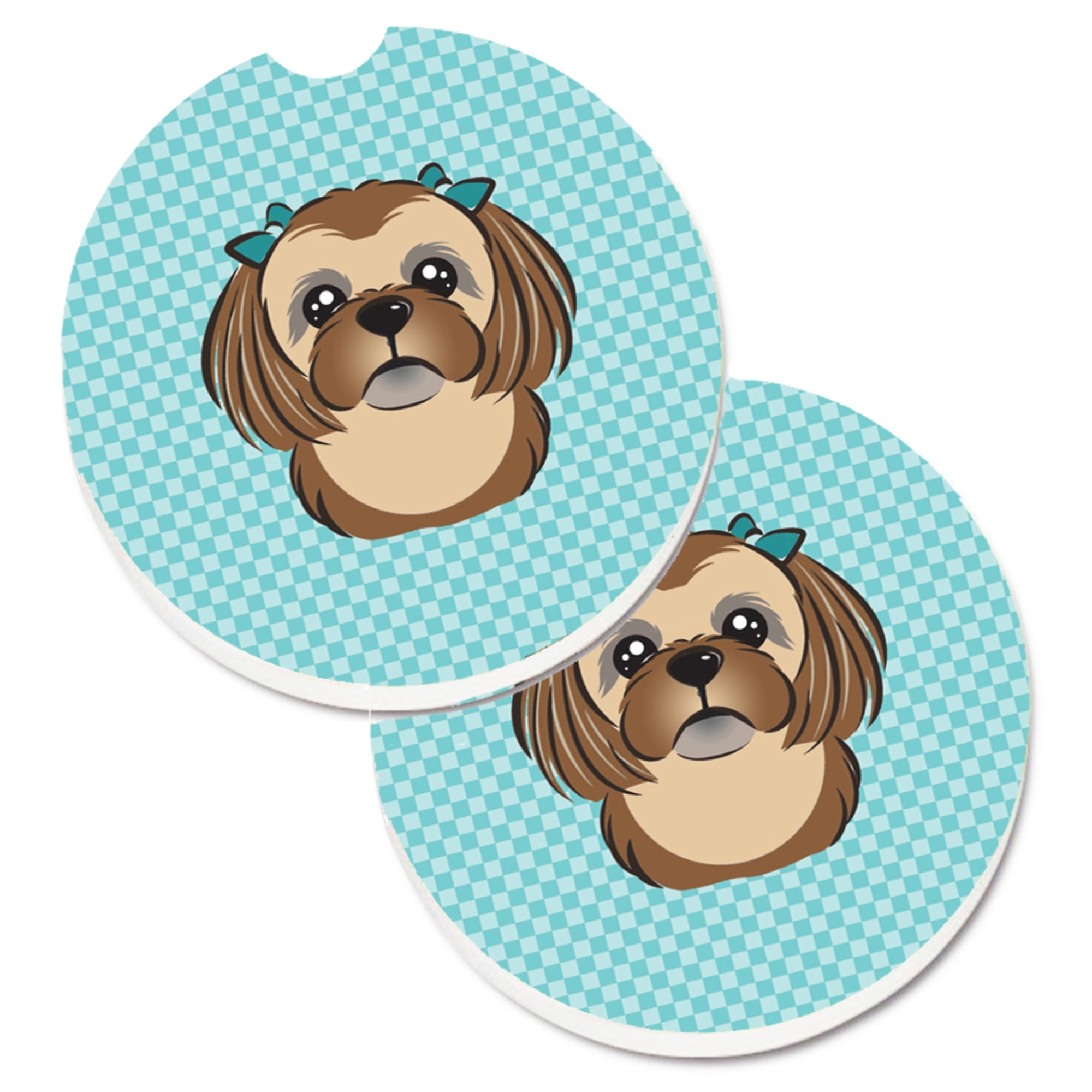 Caroline'S Treasures Checkerboard Blue Chocolate Brown Shih Tzu Set Of 2 Cup Holder Car Coasters Bb1187Carc, 2.56, Multicolor,
