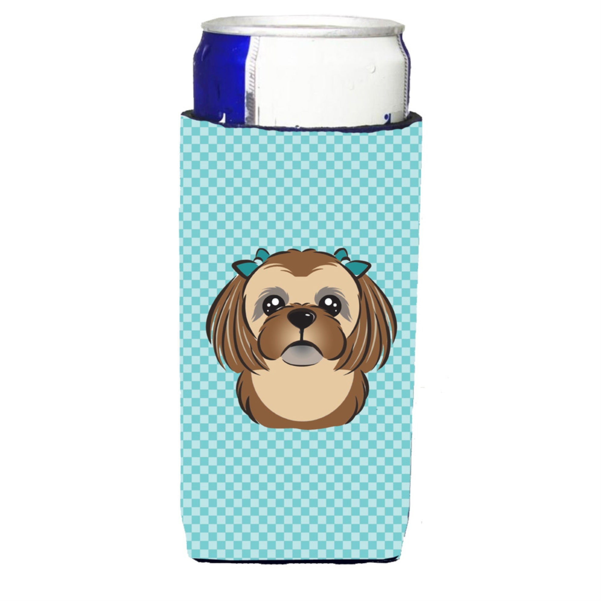 Checkerboard Blue Chocolate Brown Shih Tzu Ultra Beverage Insulators For Slim Cans