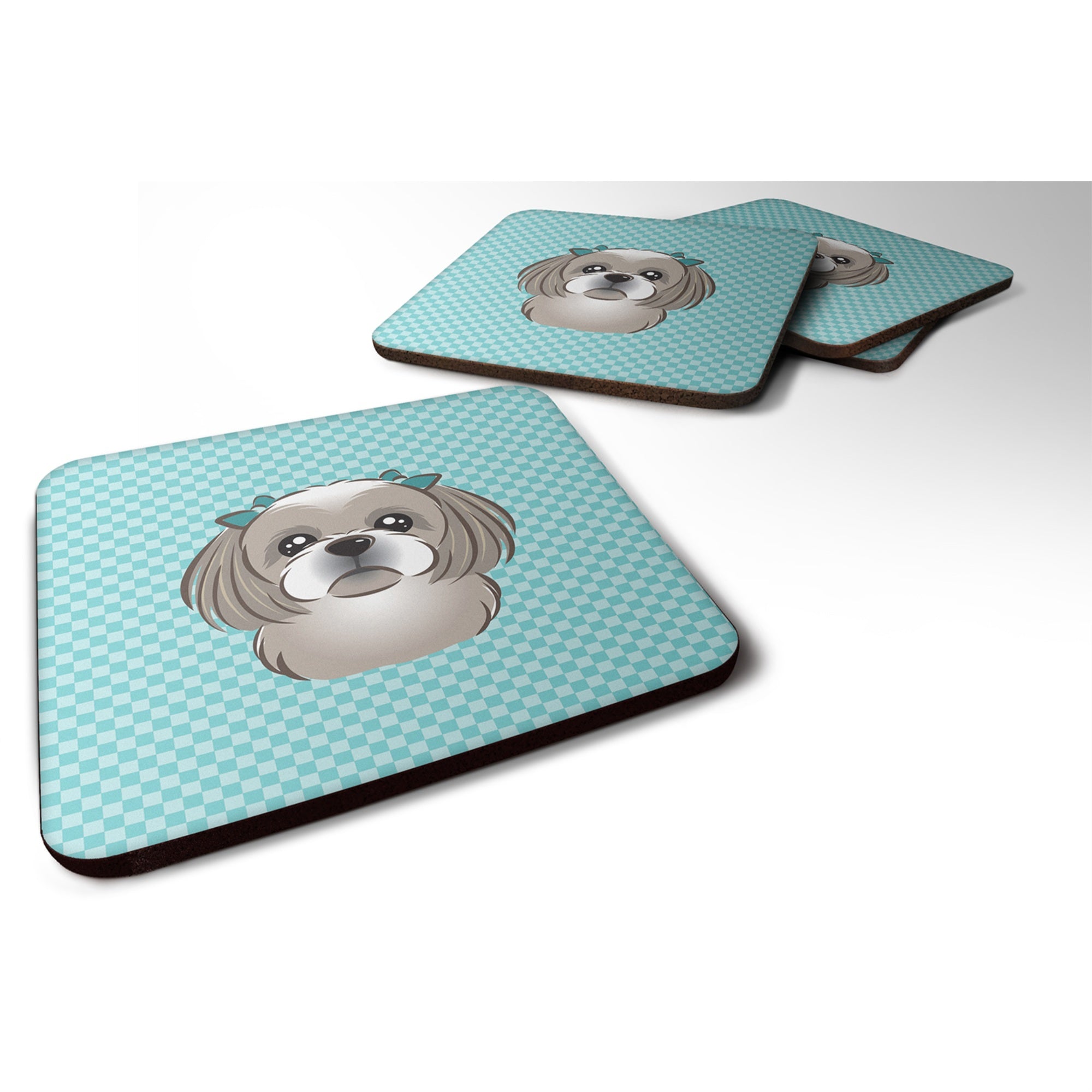Caroline'S Treasures Bb1188Fc Checkerboard Blue Gray Silver Shih Tzu Foam Coaster (Set Of 4), 3.5 H X 3.5 W, Multicolo
