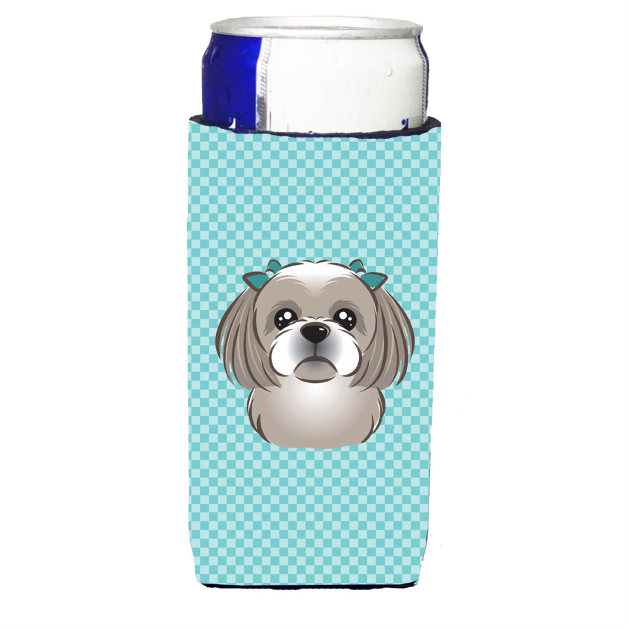 Checkerboard Blue Gray Silver Shih Tzu Ultra Beverage Insulators For Slim Cans
