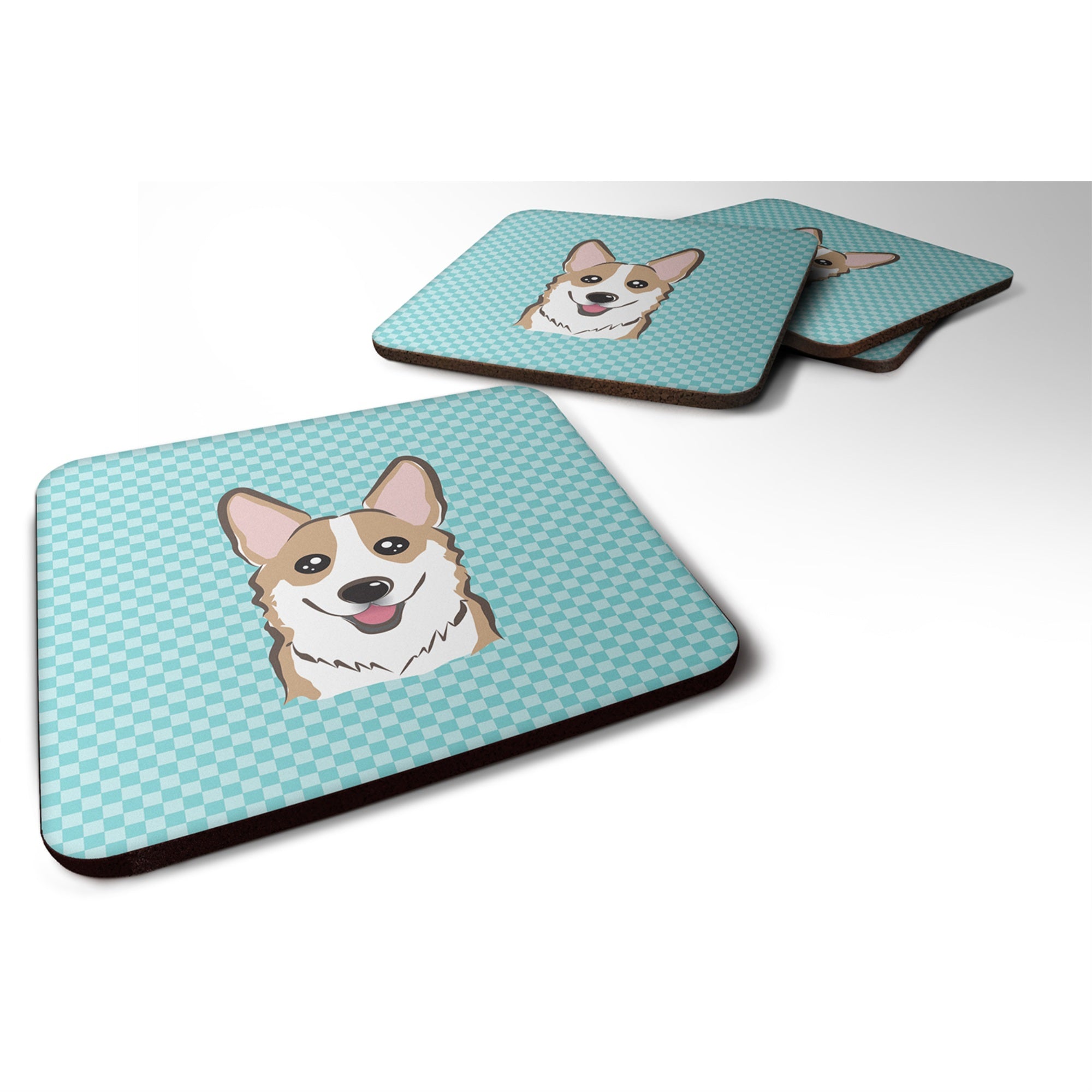 Caroline'S Treasures Bb1191Fc Checkerboard Blue Corgi Foam Coaster (Set Of 4), 3.5 H X 3.5 W, Multicolor