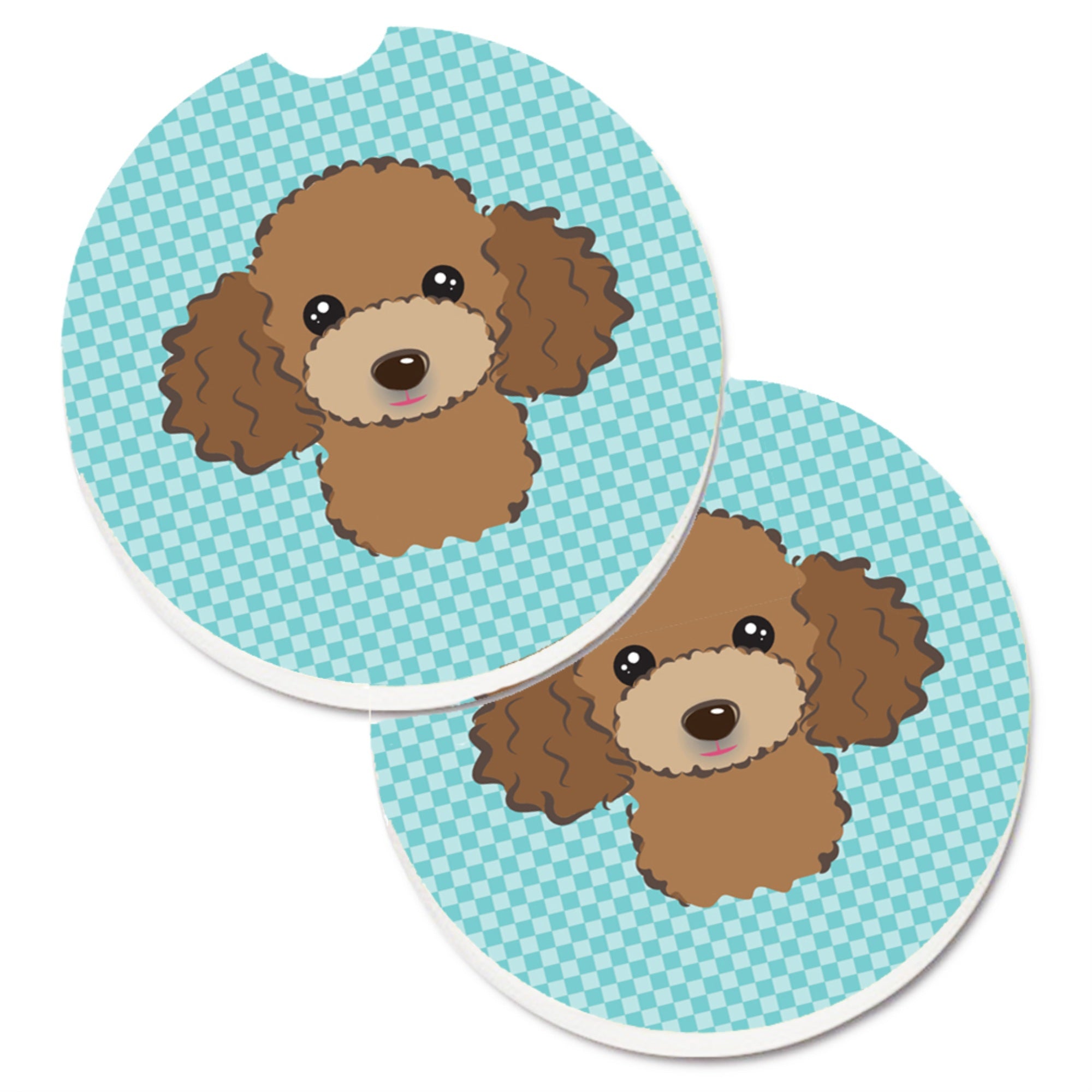 Caroline'S Treasures Checkerboard Blue Chocolate Brown Poodle Set Of 2 Cup Holder Car Coasters Bb1194Carc, 2.56, Multicolor