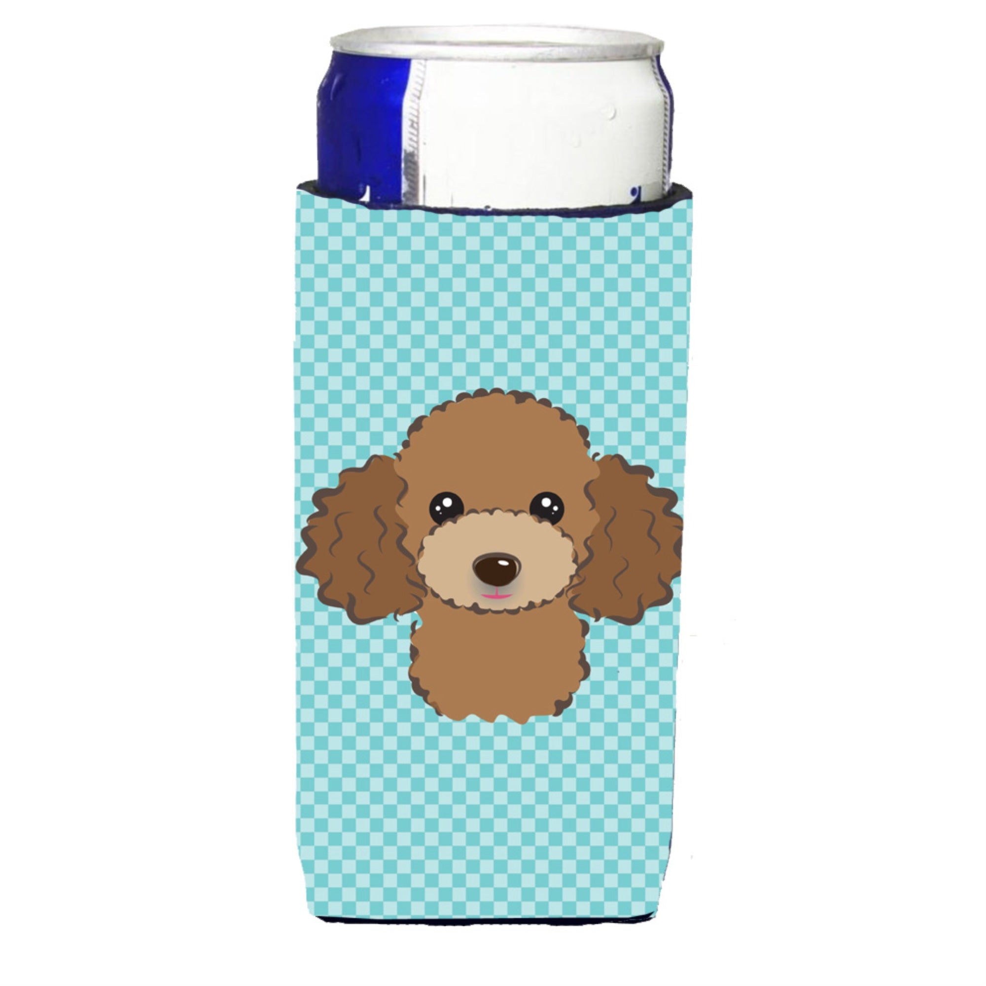 Checkerboard Blue Chocolate Brown Poodle Ultra Beverage Insulators For Slim Cans