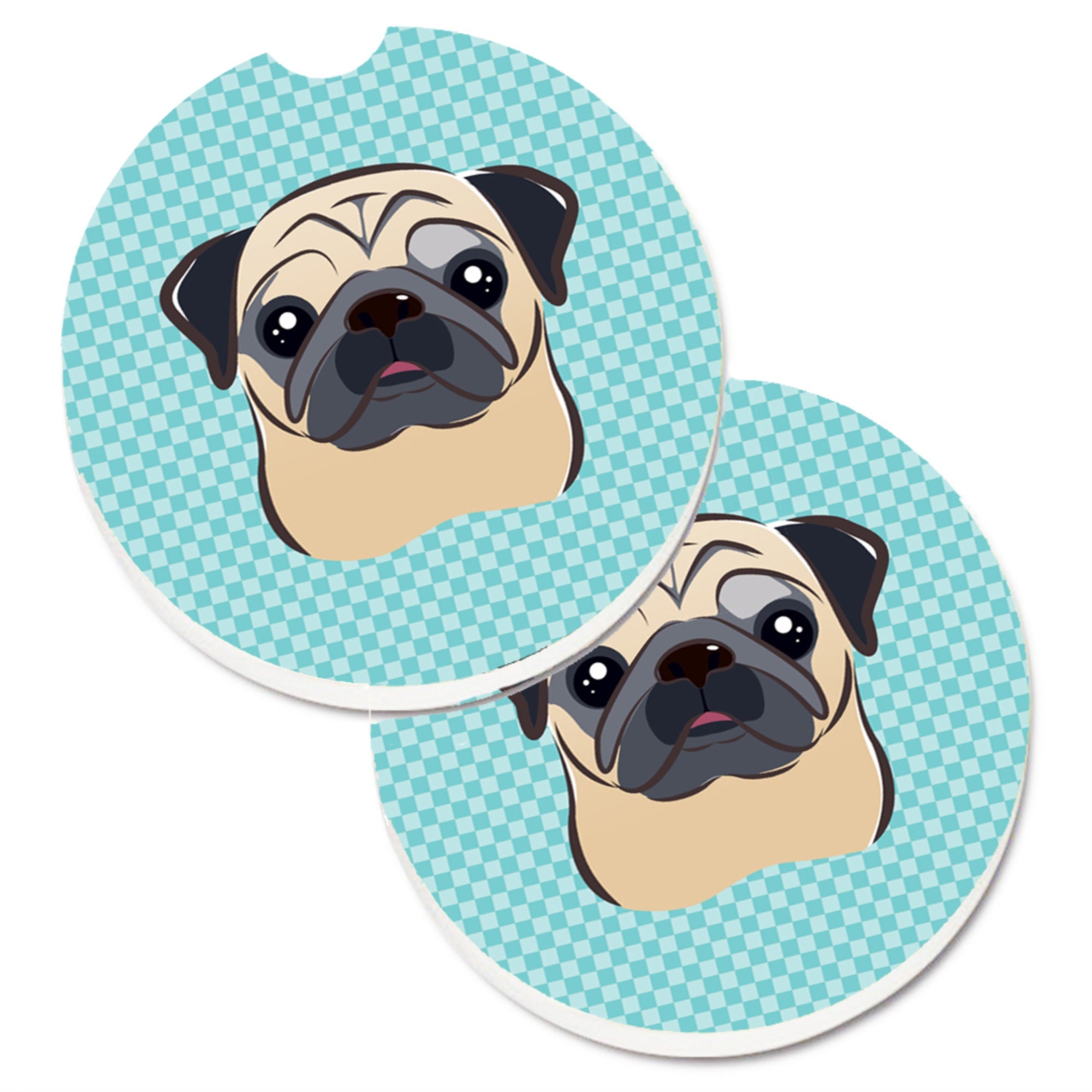 Caroline'S Treasures Checkerboard Blue Fawn Pug Set Of 2 Cup Holder Car Coasters Bb1200Carc, 2.56, Multicolor