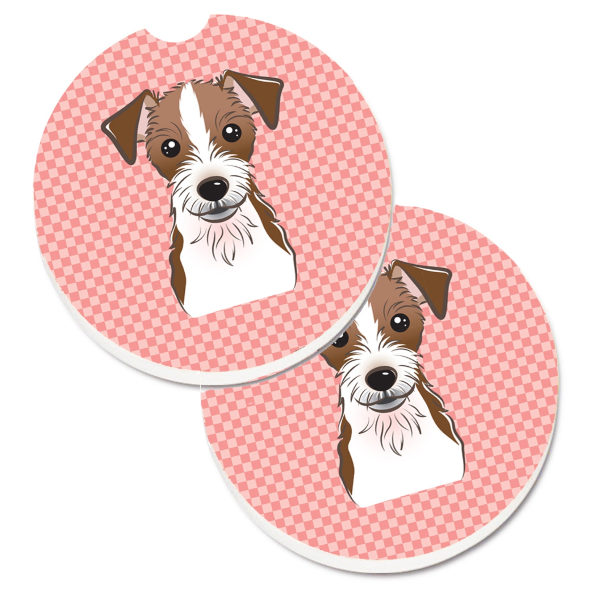 Caroline'S Treasures Checkerboard Pink Jack Russell Terrier Set Of 2 Cup Holder Car Coasters Bb1202Carc, 2.56, Multicolor