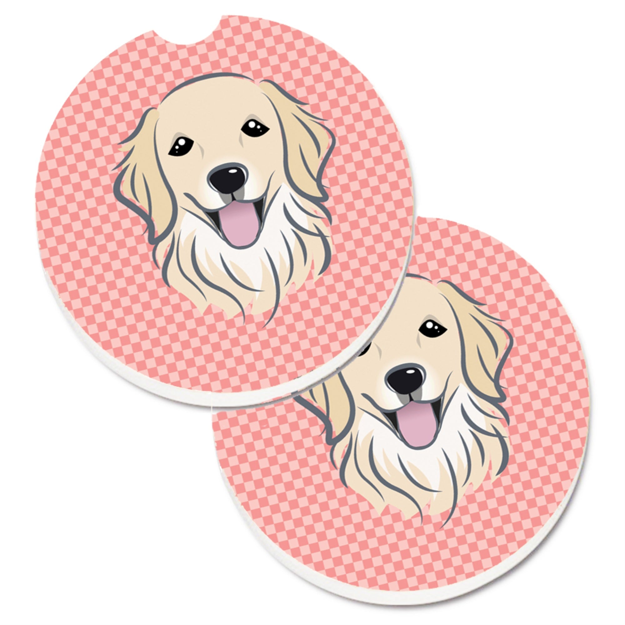 Caroline'S Treasures Checkerboard Pink Golden Retriever Set Of 2 Cup Holder Car Coasters Bb1205Carc, 2.56, Multicolor