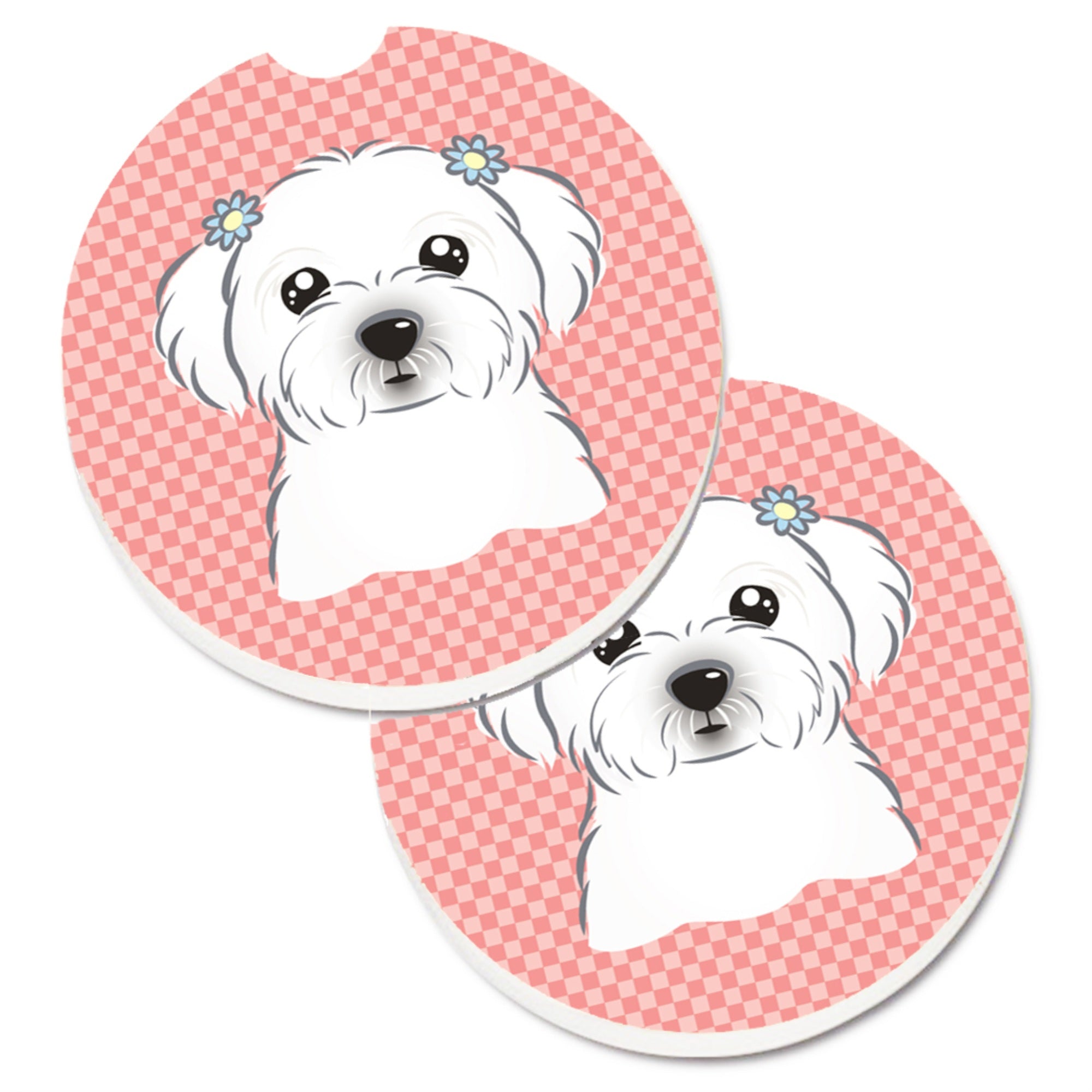 Caroline'S Treasures Checkerboard Pink Maltese Set Of 2 Cup Holder Car Coasters Bb1208Carc, 2.56, Multicolor