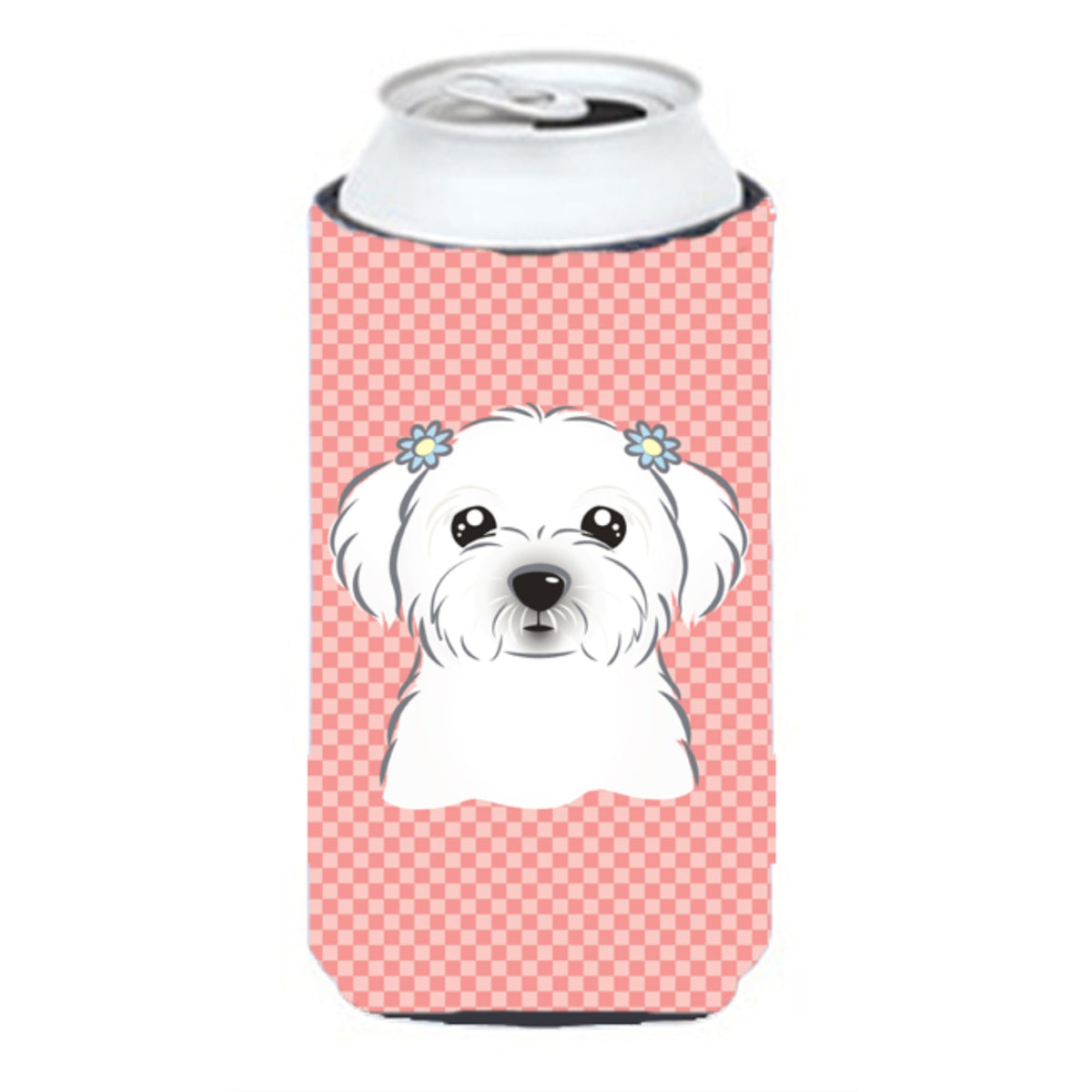 Checkerboard Pink Maltese Tall Boy Beverage Insulator Hugger Bb1208Tbc