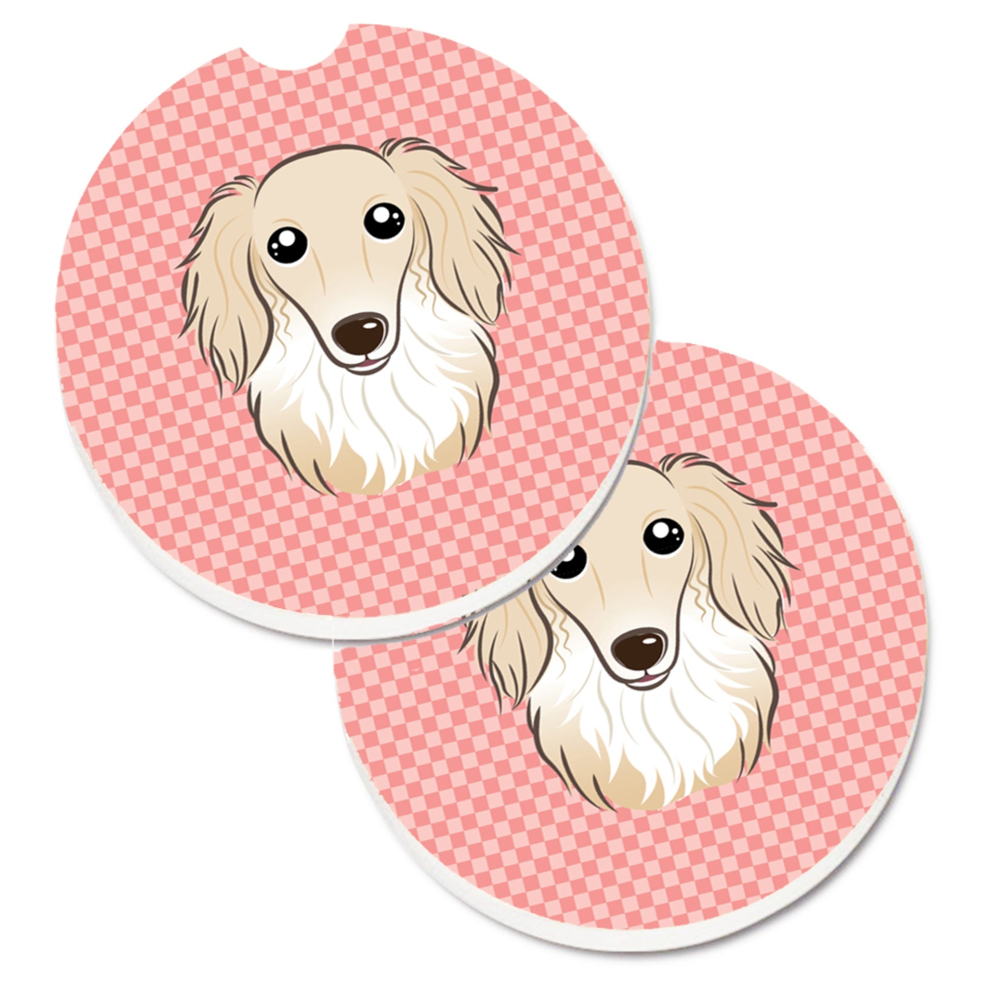 Caroline'S Treasures Checkerboard Pink Longhair Creme Dachshund Set Of 2 Cup Holder Car Coasters Bb1212Carc, 2.56, Multicolor,