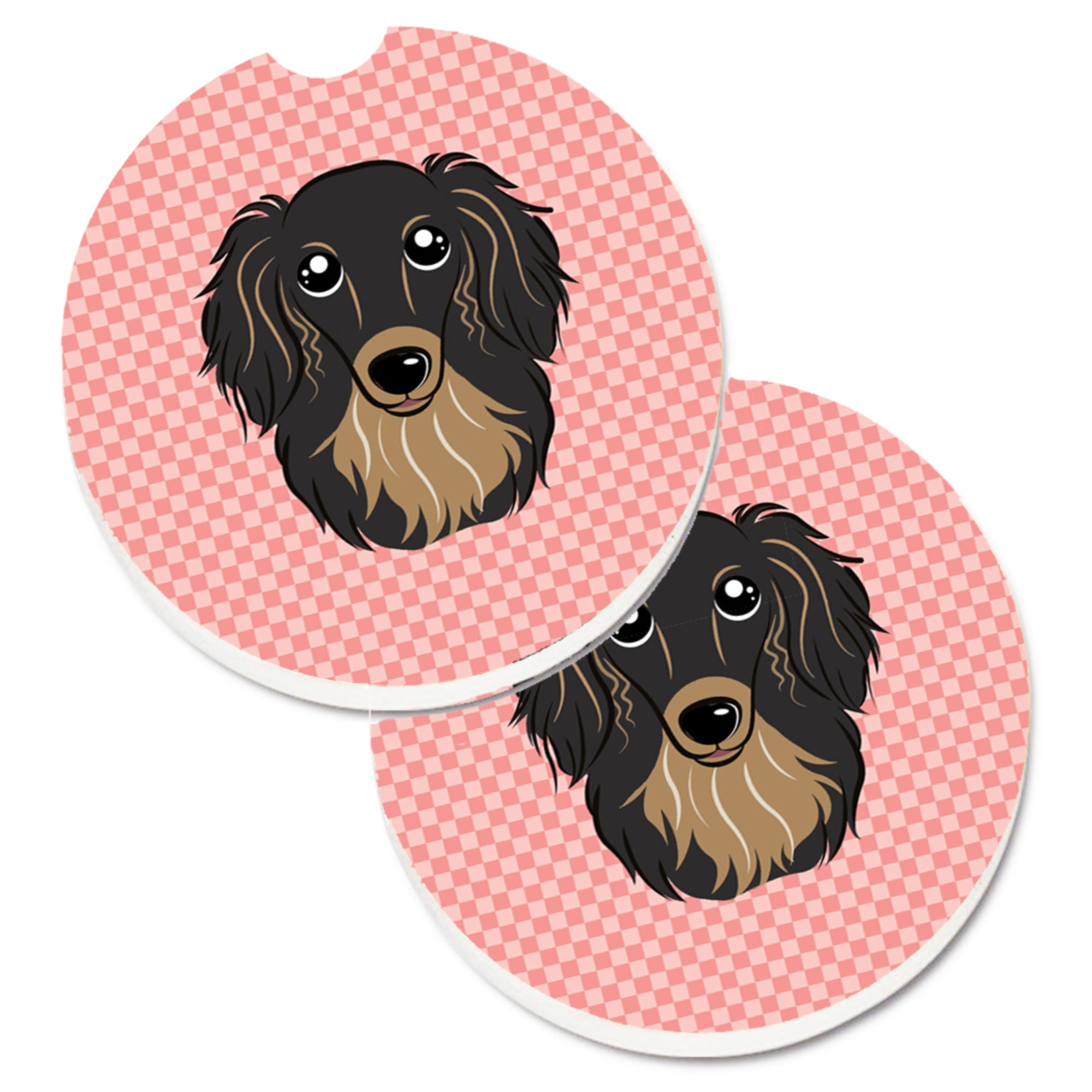 Caroline'S Treasures Checkerboard Pink Longhair Black & Tan Dachshund Set Of 2 Cup Holder Car Coasters Bb1213Carc, 2.56, Multi