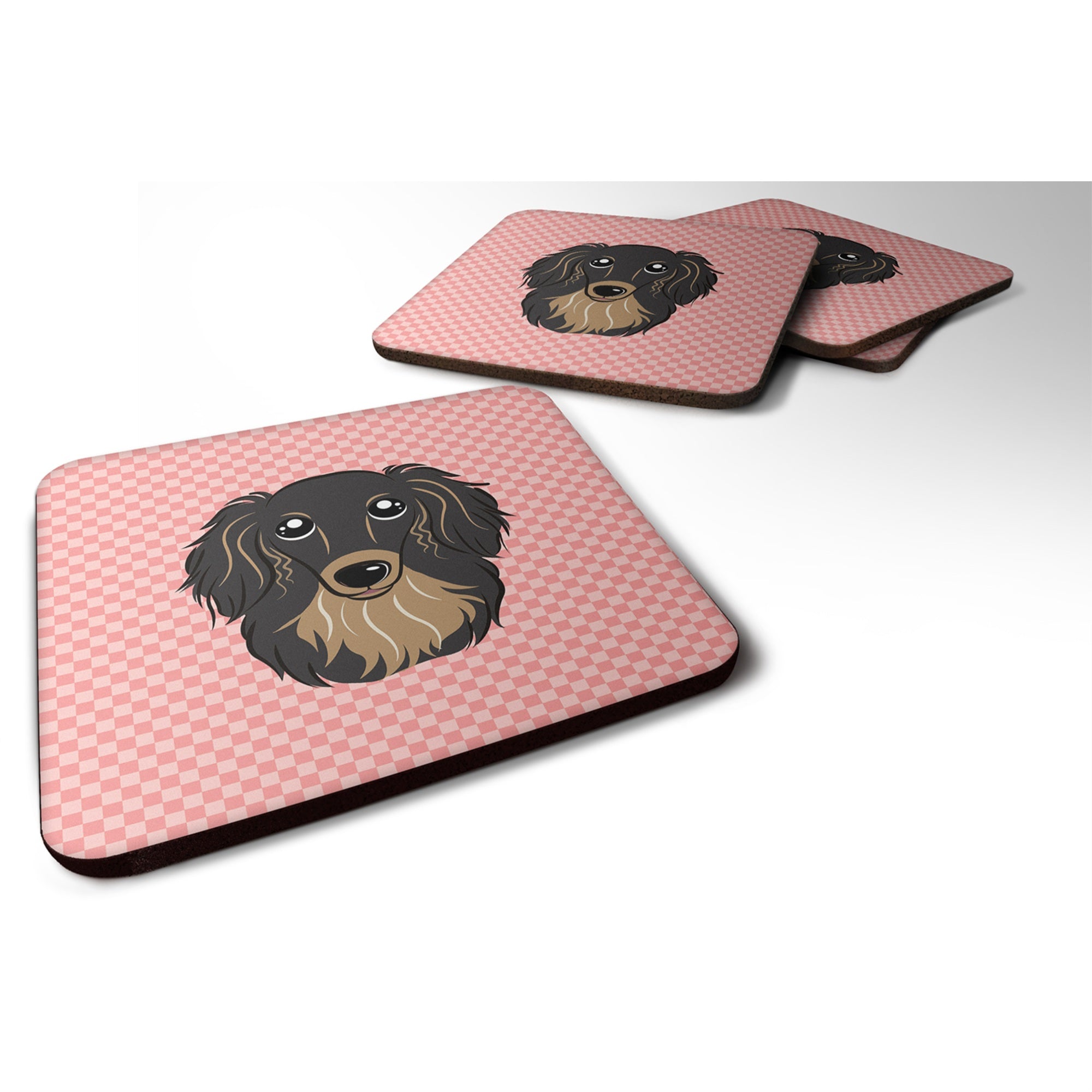 Caroline'S Treasures Bb1213Fc Checkerboard Pink Longhair Black And Tan Dachshund Foam Coaster (Set Of 4), 3.5 H X 3.5