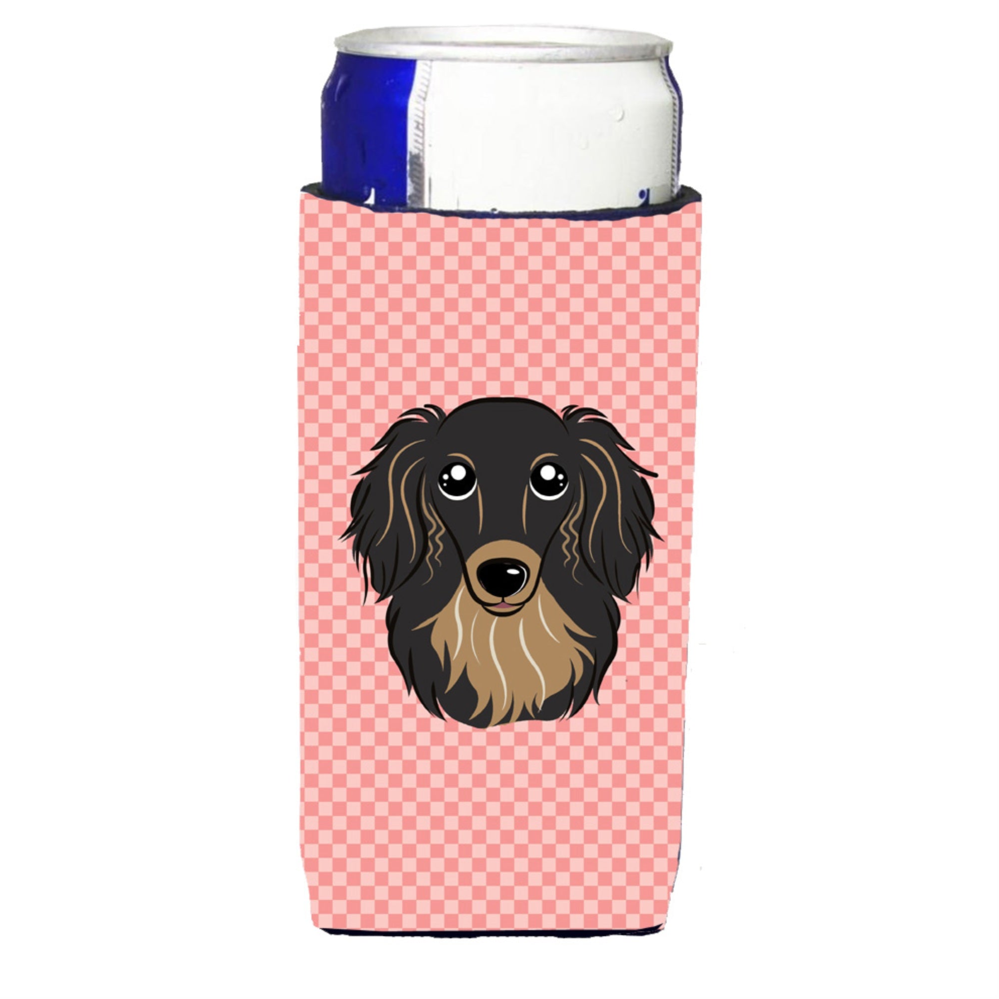 Checkerboard Pink Longhair  Dachshund Ultra Beverage Insulators For Slim Cans