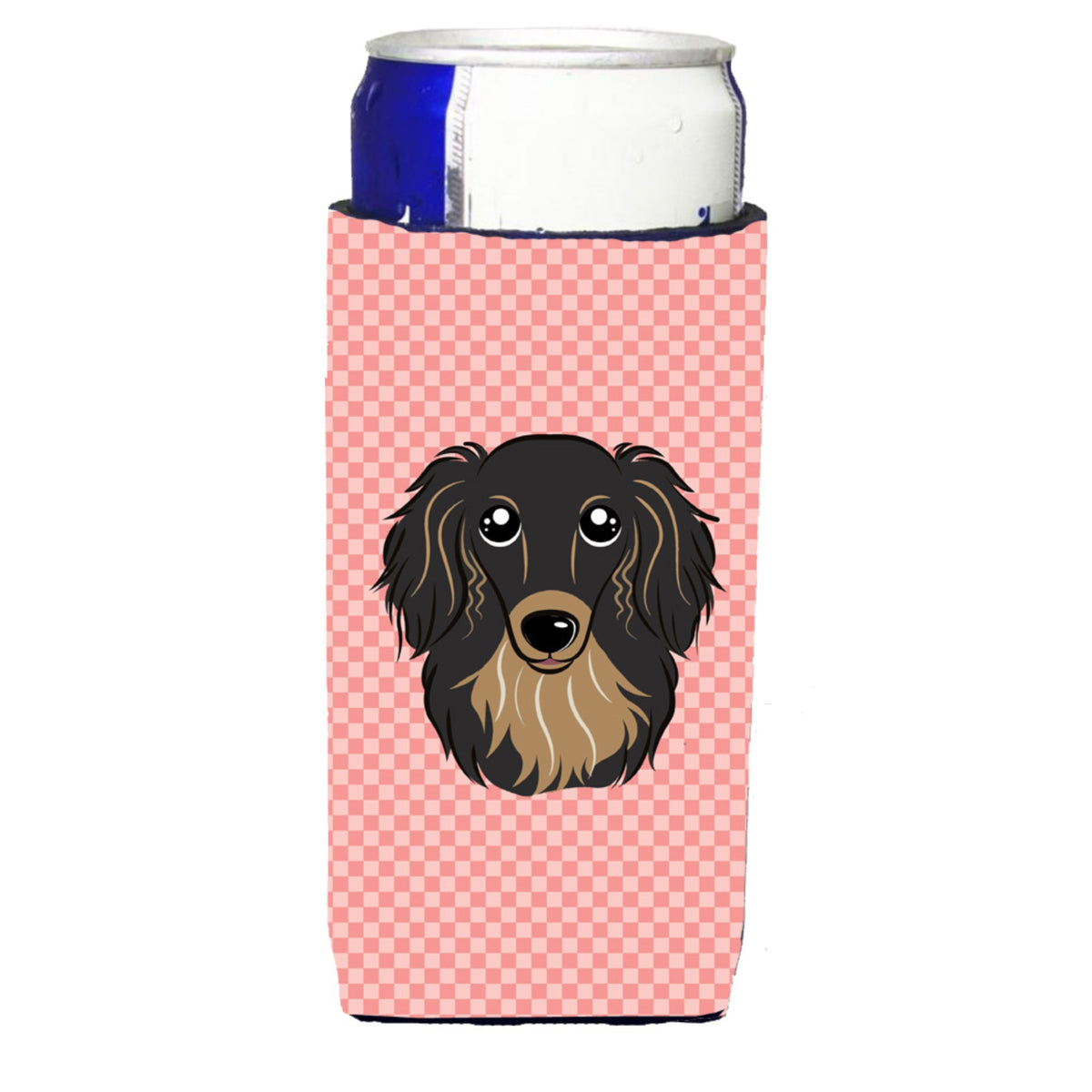 Checkerboard Pink Longhair  Dachshund Ultra Beverage Insulators For Slim Cans
