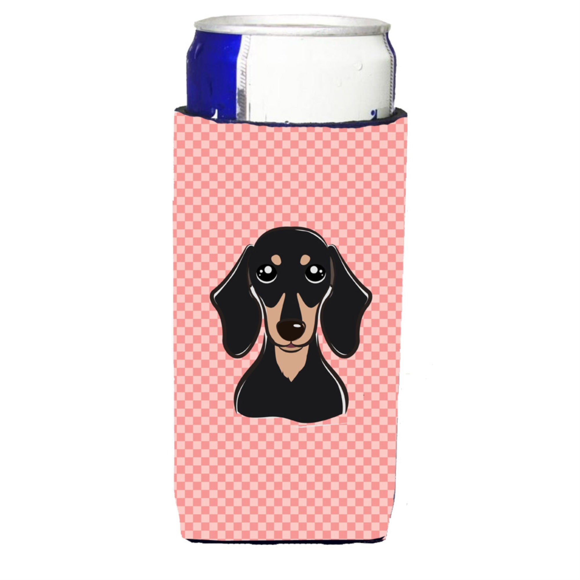 Checkerboard Pink Black Tan Dachshund Ultra Beverage Insulators For Slim Cans