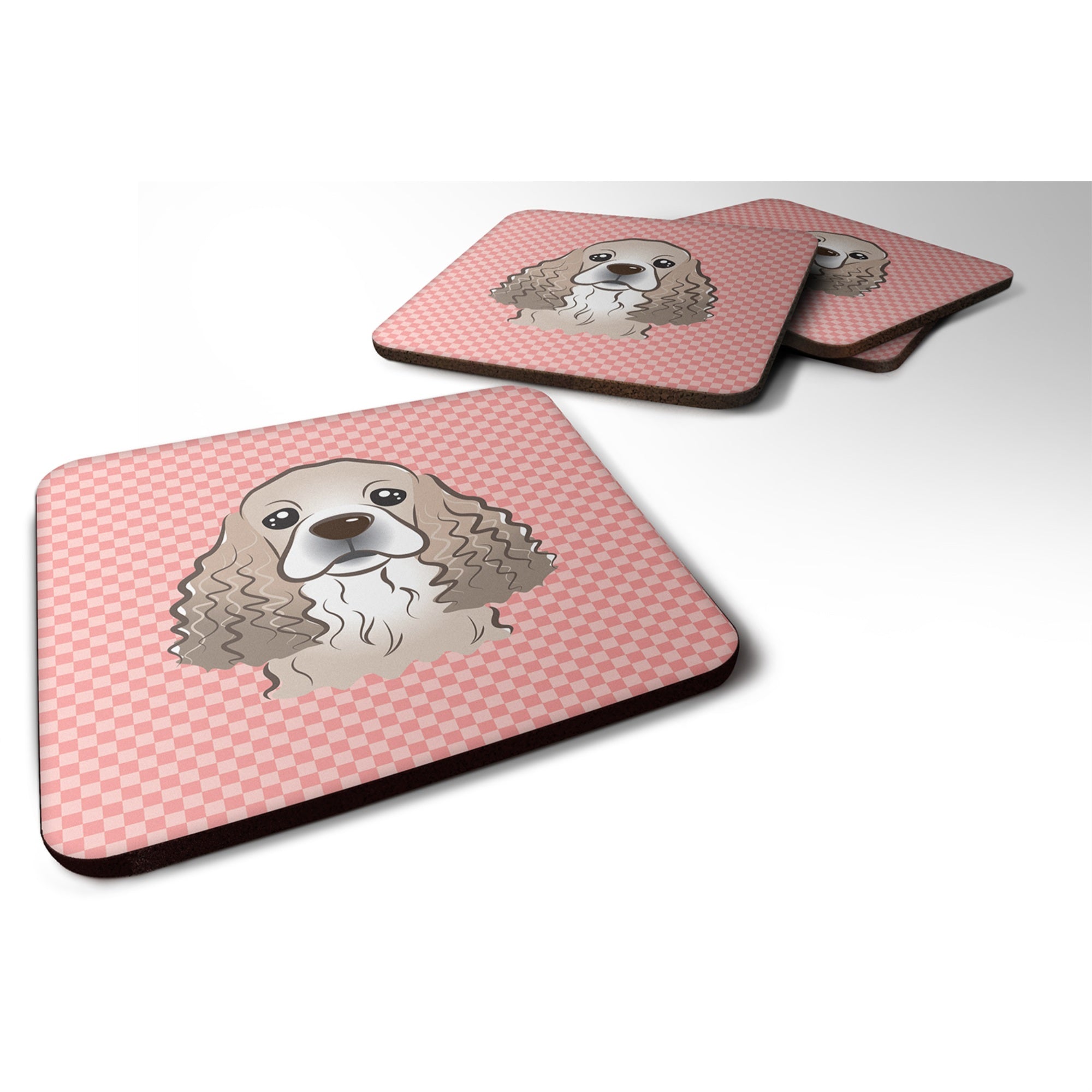 Caroline'S Treasures Bb1216Fc Checkerboard Pink Cocker Spaniel Foam Coaster (Set Of 4), 3.5 H X 3.5 W, Multicolor