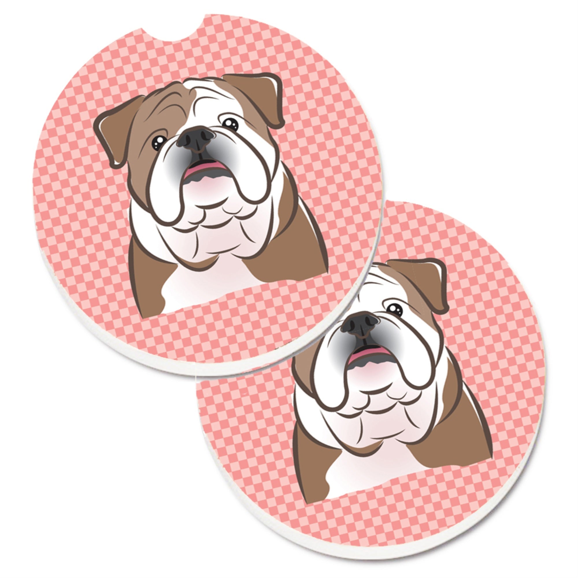 Caroline'S Treasures Checkerboard Pink English Bulldog Set Of 2 Cup Holder Car Coasters Bb1219Carc, 2.56, Multicolor
