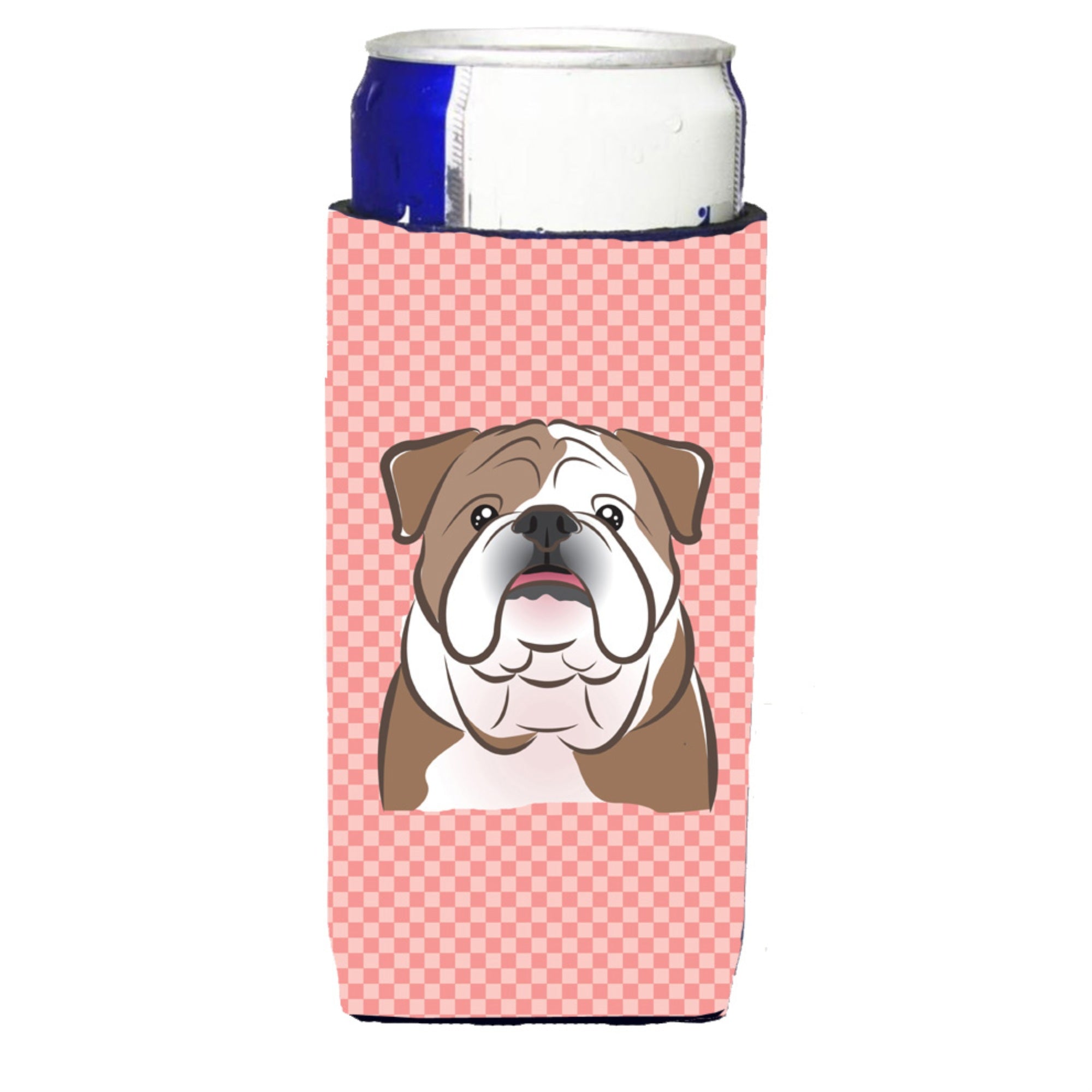 Checkerboard Pink English Bulldog  Ultra Beverage Insulators For Slim Cans