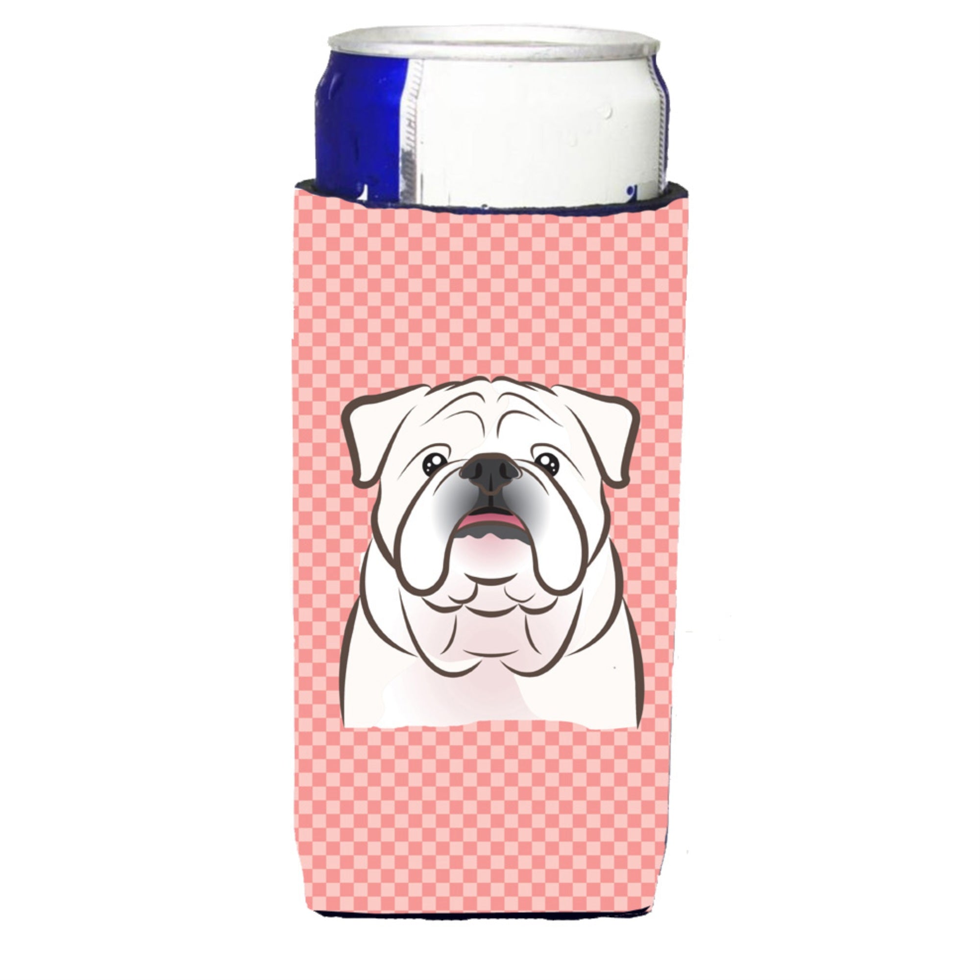 Checkerboard Pink White English Bulldog  Ultra Beverage Insulators For Slim Cans