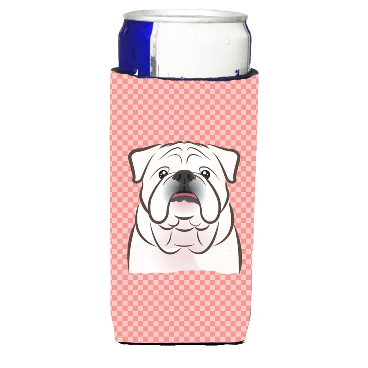 Checkerboard Pink White English Bulldog  Ultra Beverage Insulators For Slim Cans