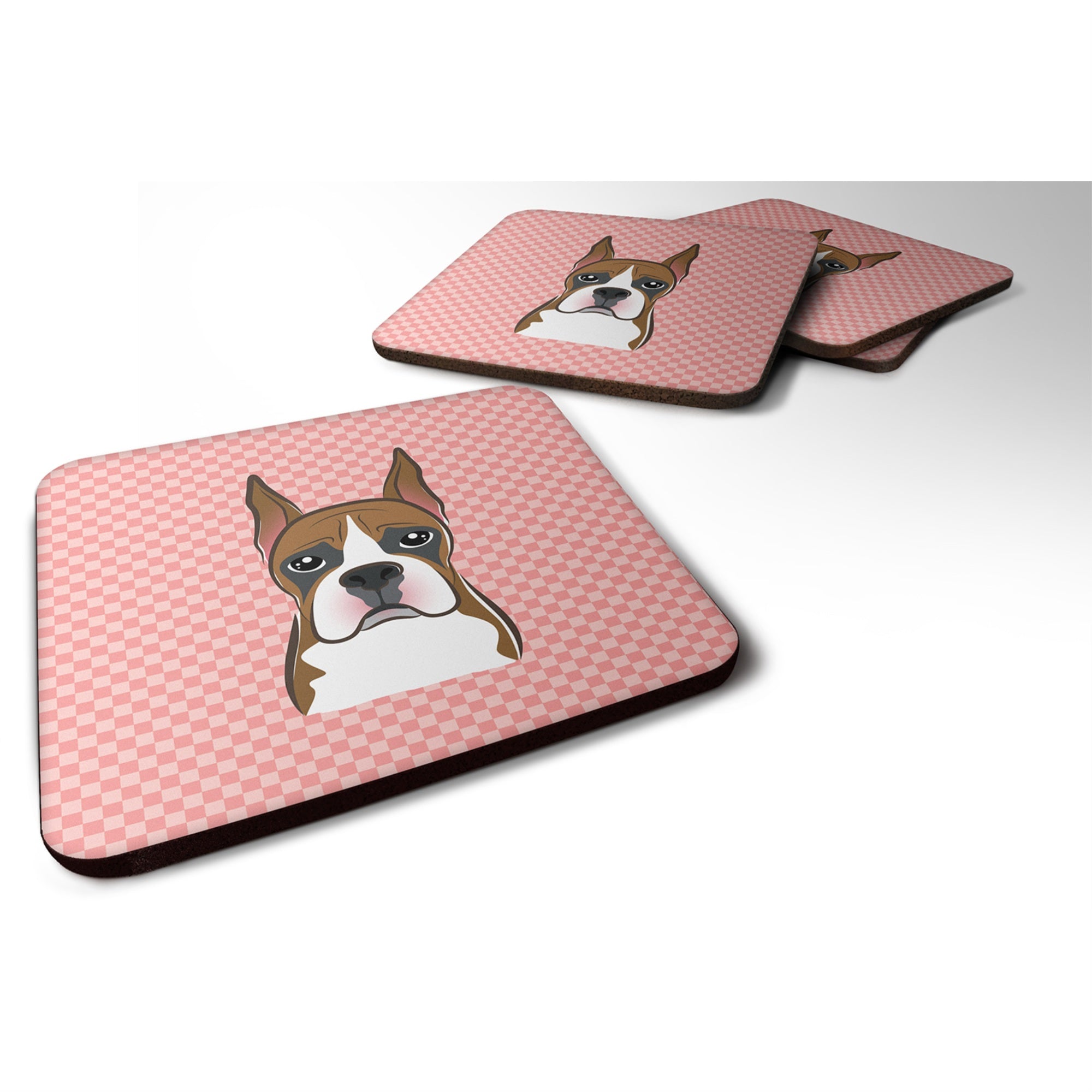 Caroline'S Treasures Bb1223Fc Checkerboard Pink Boxer Foam Coaster (Set Of 4), 3.5 H X 3.5 W, Multicolor