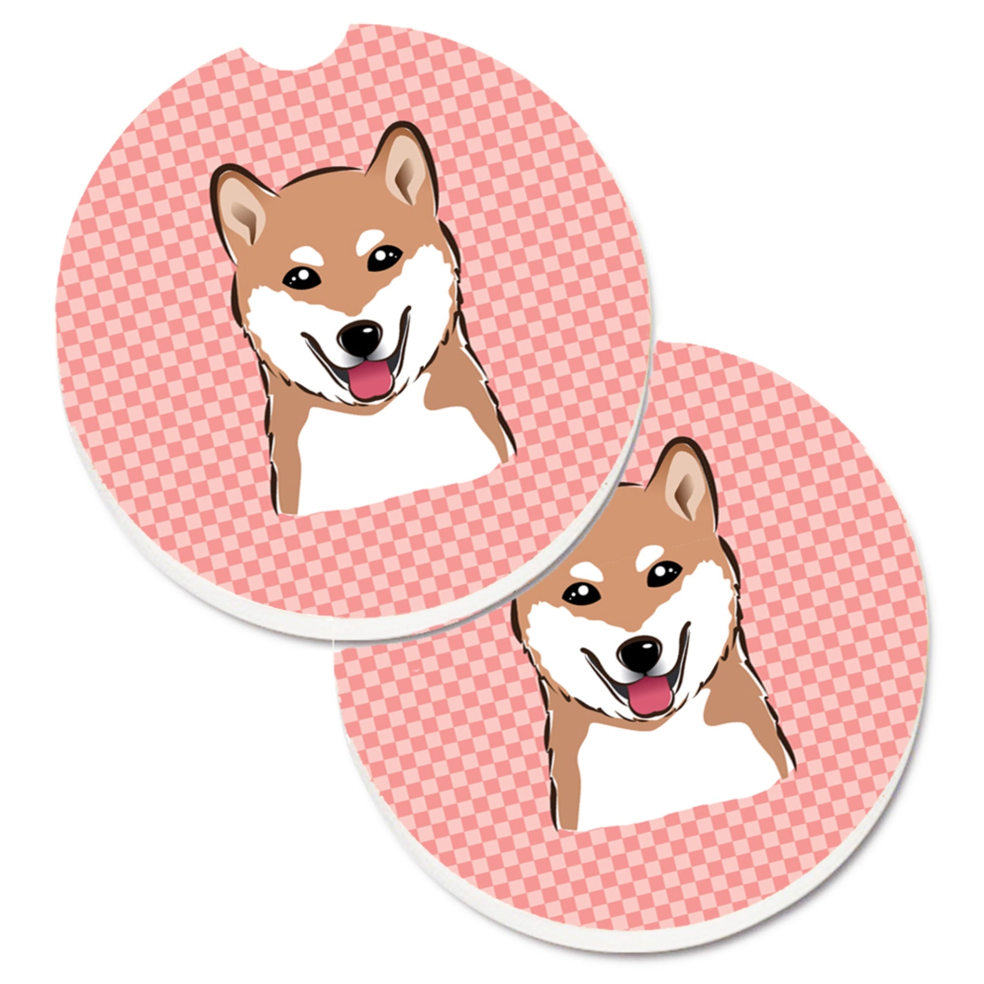 Caroline'S Treasures Checkerboard Pink Shiba Inu Set Of 2 Cup Holder Car Coasters Bb1225Carc, 2.56, Multicolor