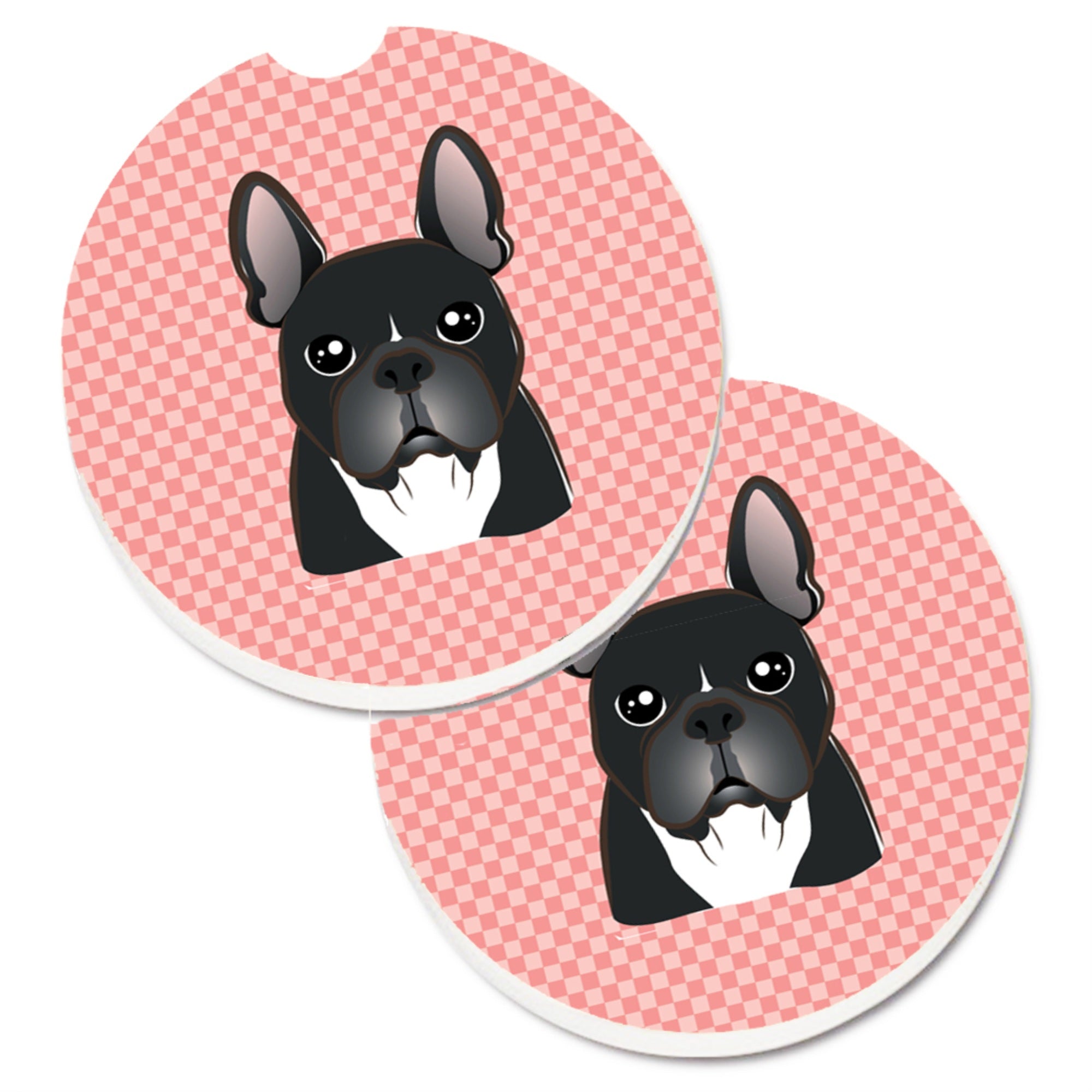 Caroline'S Treasures Checkerboard Pink French Bulldog Set Of 2 Cup Holder Car Coasters Bb1227Carc, 2.56, Multicolor