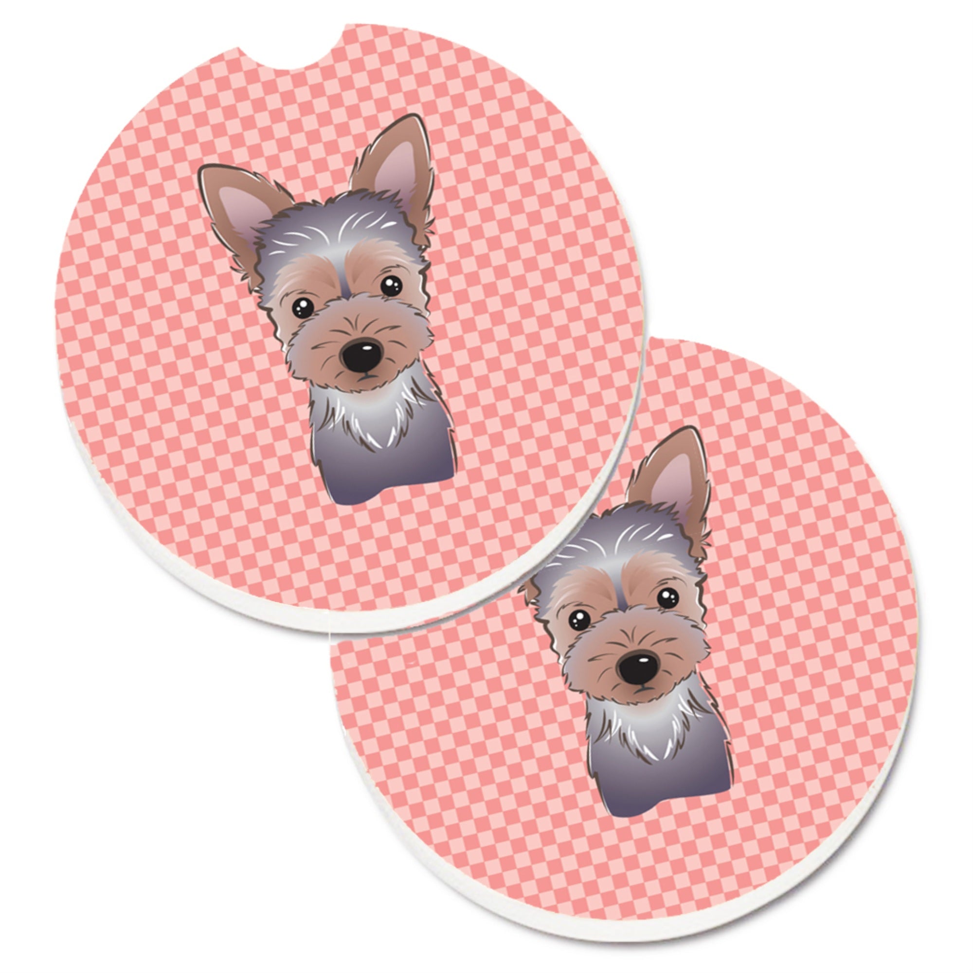 Caroline'S Treasures Checkerboard Pink Yorkie Puppy Set Of 2 Cup Holder Car Coasters Bb1232Carc, 2.56, Multicolor