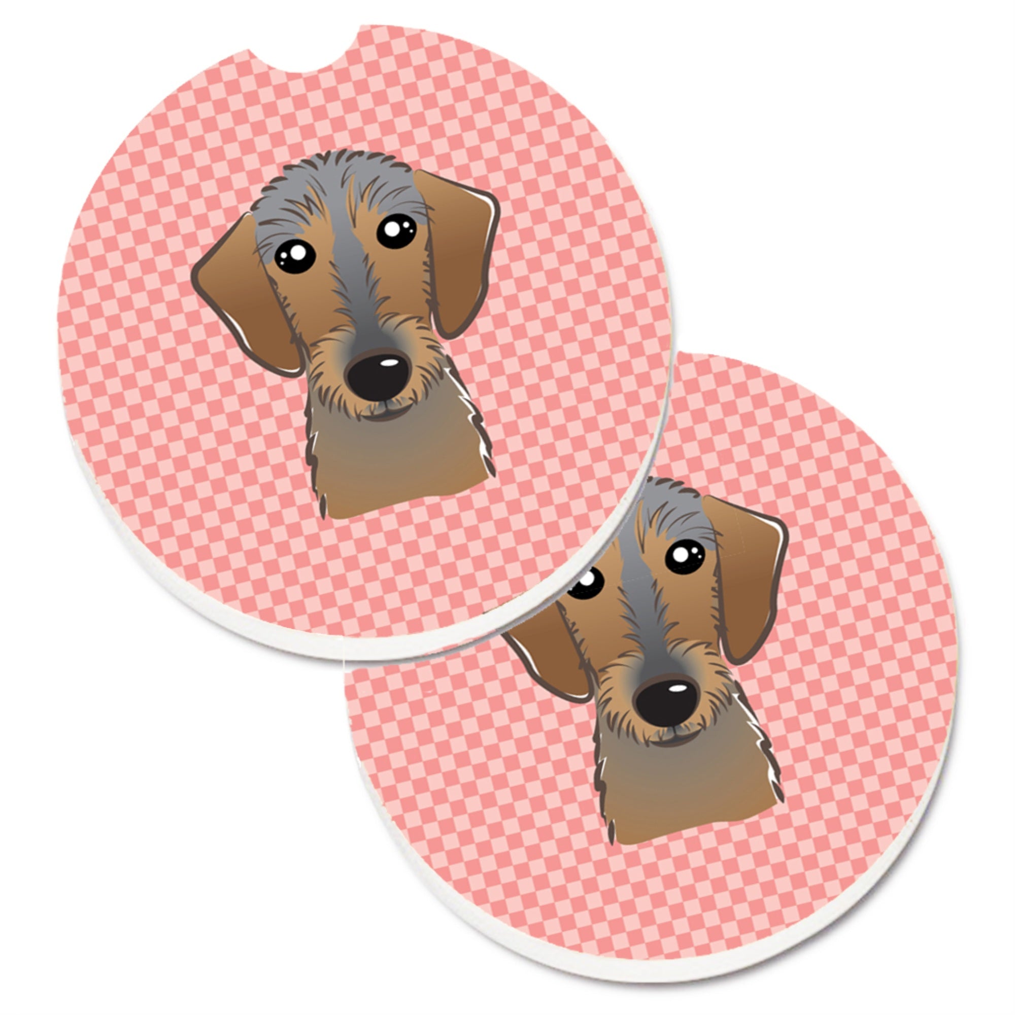Caroline'S Treasures Checkerboard Pink Wirehaired Dachshund Set Of 2 Cup Holder Car Coasters Bb1233Carc, 2.56, Multicolor