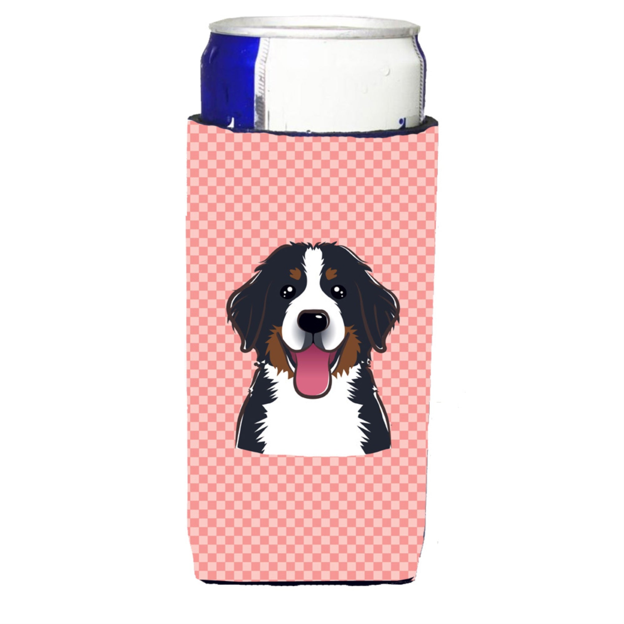 Checkerboard Pink Bernese Mountain Dog Ultra Beverage Insulators For Slim Cans
