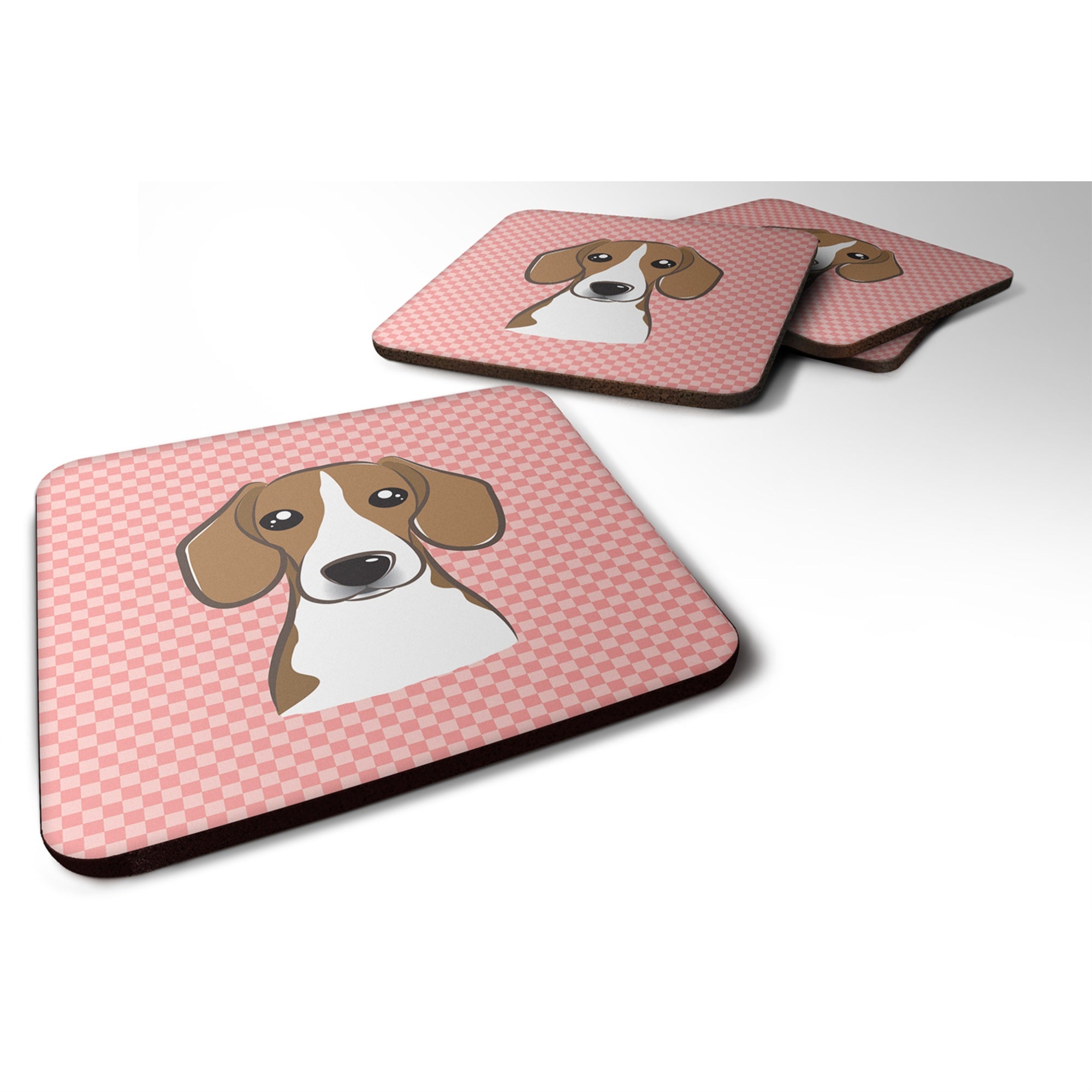 Caroline'S Treasures Bb1239Fc Checkerboard Pink Beagle Foam Coaster (Set Of 4), 3.5 H X 3.5 W, Multicolor
