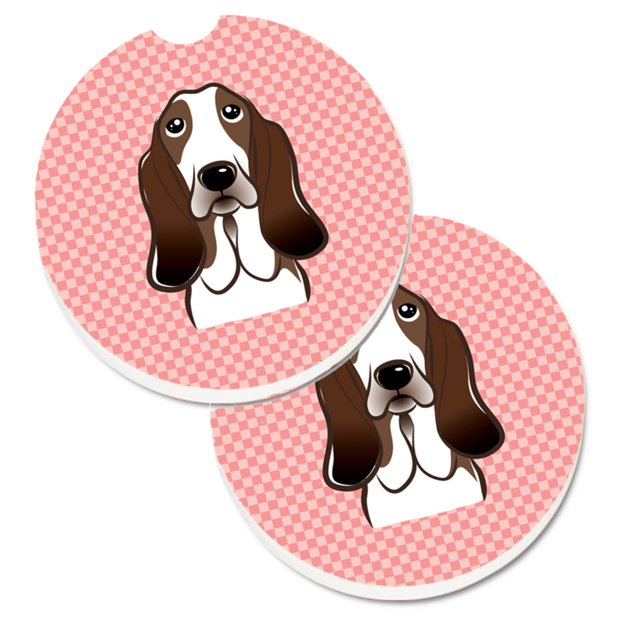 Caroline'S Treasures Checkerboard Pink Basset Hound Set Of 2 Cup Holder Car Coasters Bb1243Carc, 2.56, Multicolor