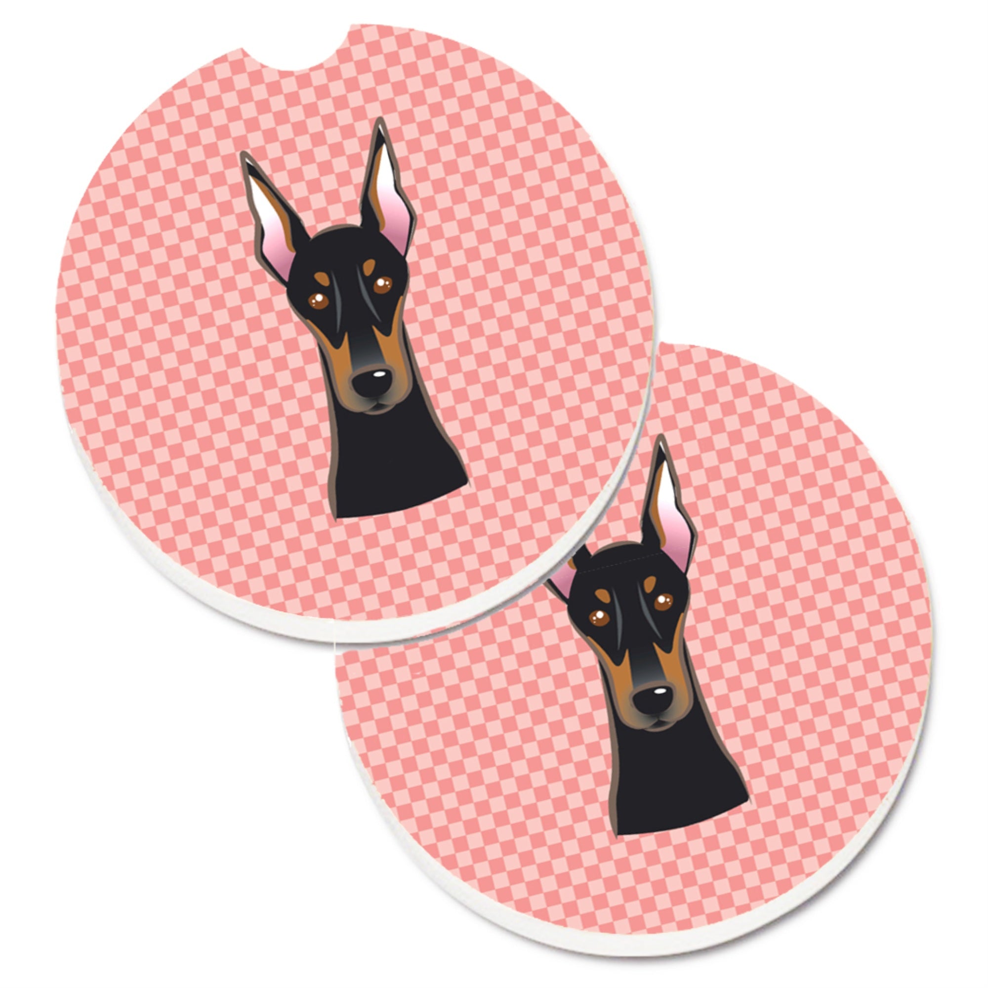Caroline'S Treasures Checkerboard Pink Doberman Set Of 2 Cup Holder Car Coasters Bb1245Carc, 2.56, Multicolor