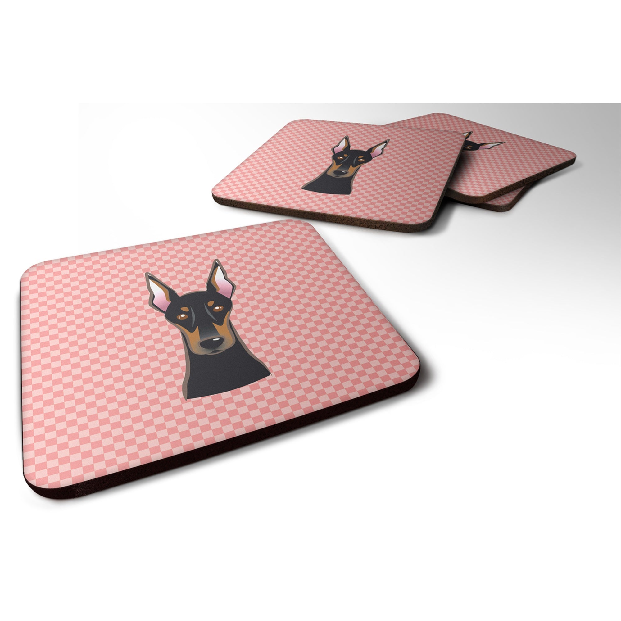 Caroline'S Treasures Bb1245Fc Checkerboard Pink Doberman Foam Coaster (Set Of 4), 3.5 H X 3.5 W, Multicolor
