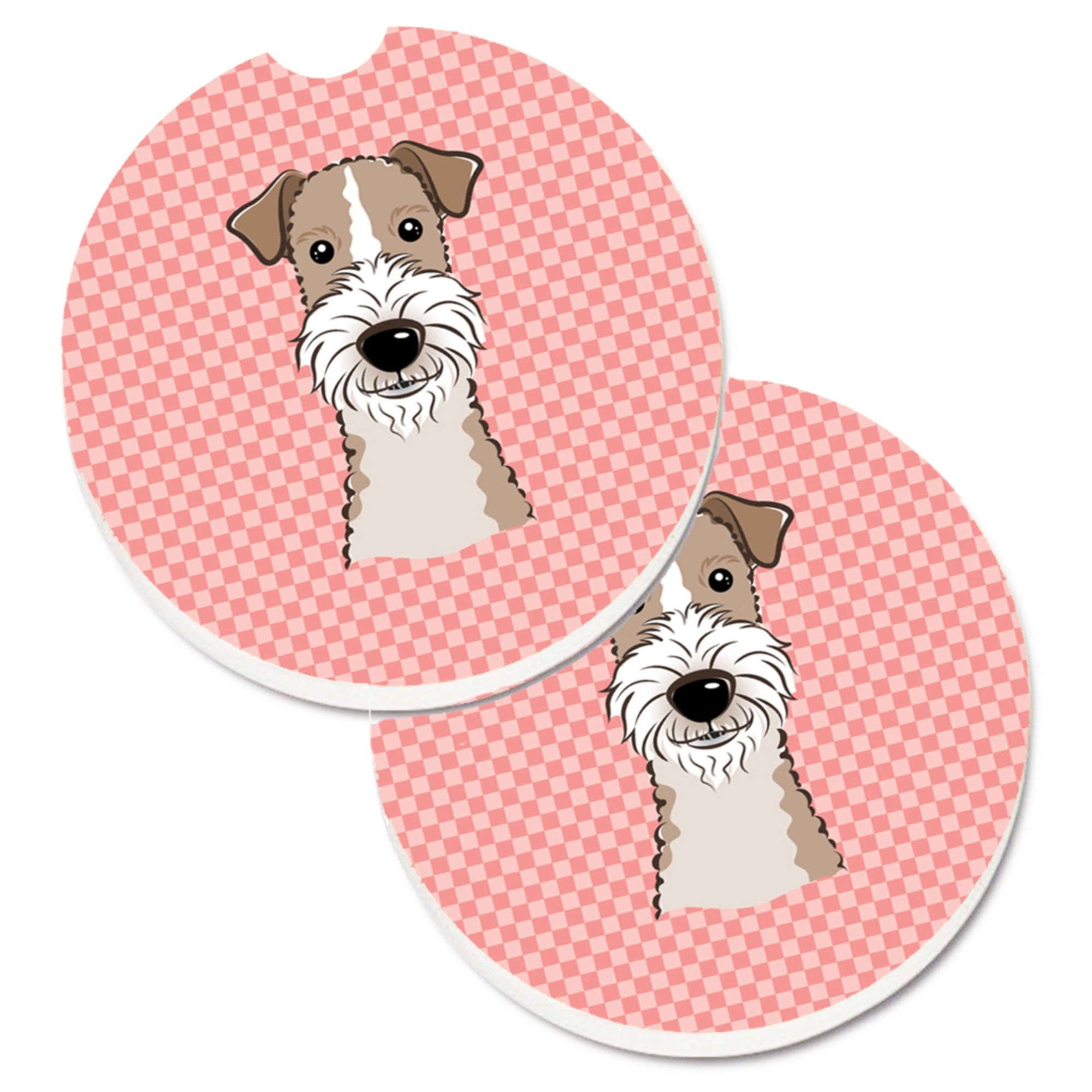Caroline'S Treasures Checkerboard Pink Wire Haired Fox Terrier Set Of 2 Cup Holder Car Coasters Bb1247Carc, 2.56, Multicolor