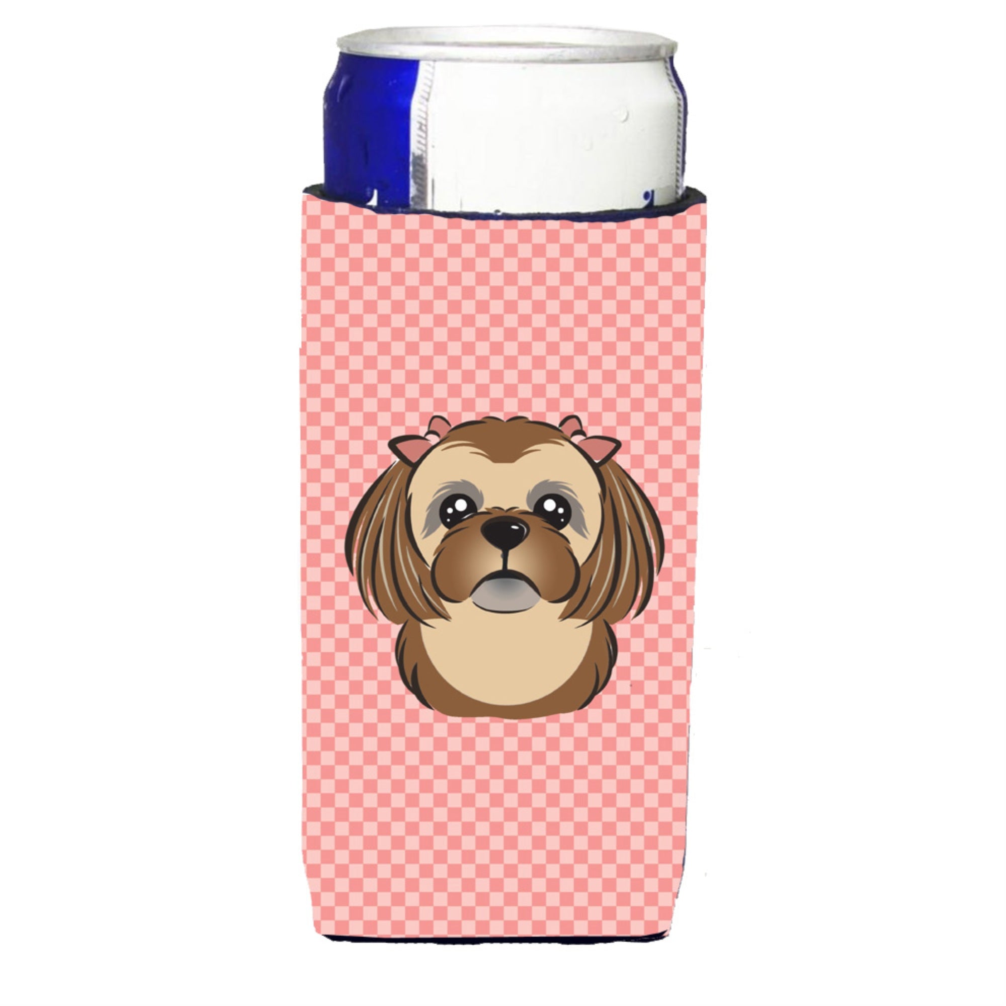 Checkerboard Pink Chocolate Brown Shih Tzu Ultra Beverage Insulators For Slim Cans