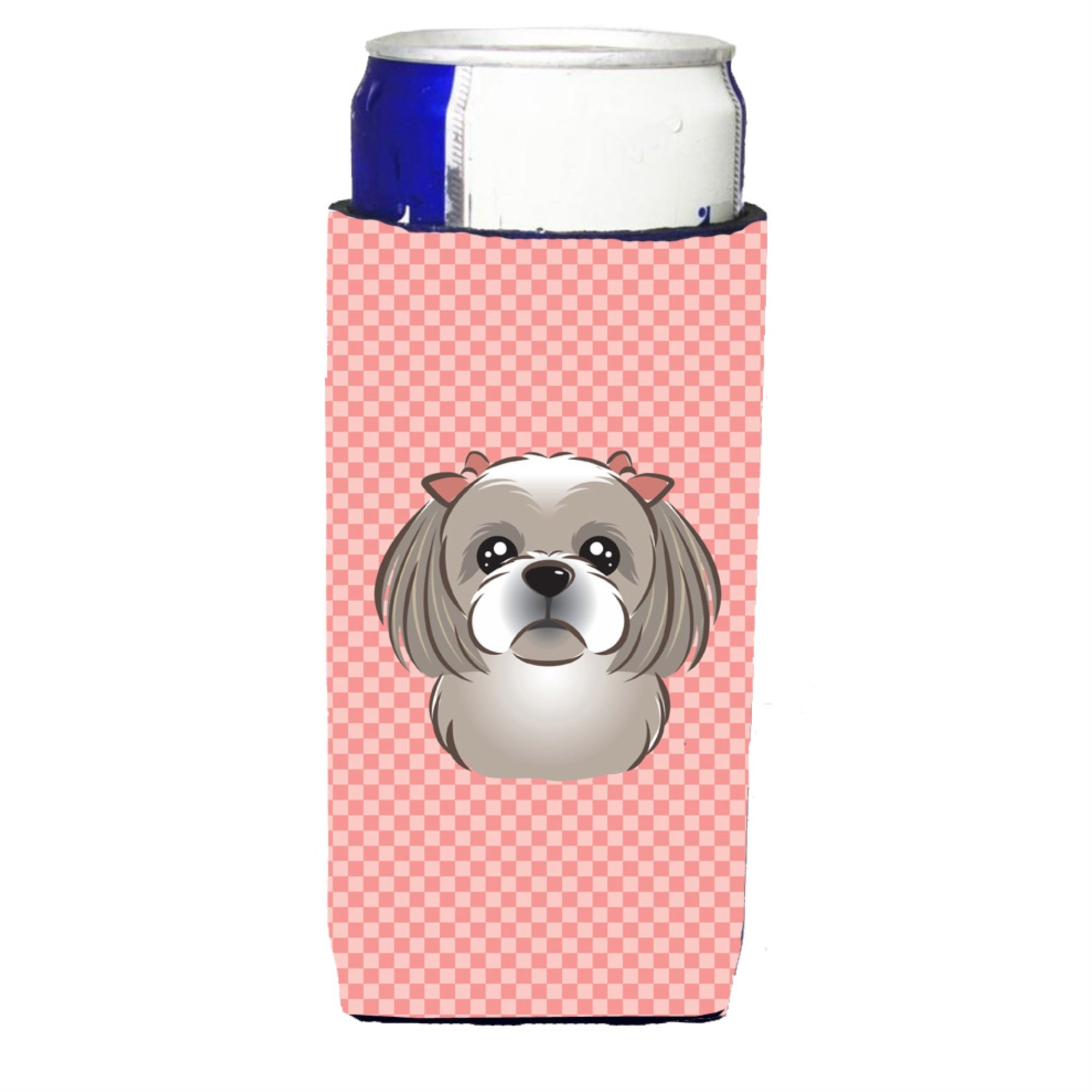 Checkerboard Pink Gray Silver Shih Tzu Ultra Beverage Insulators For Slim Cans