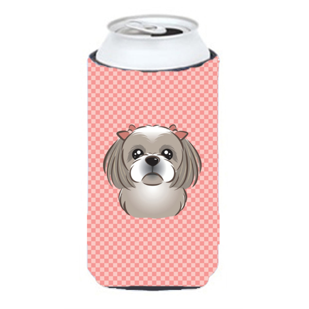 Checkerboard Pink Gray Silver Shih Tzu Tall Boy Beverage Insulator Hugger Bb1250Tbc