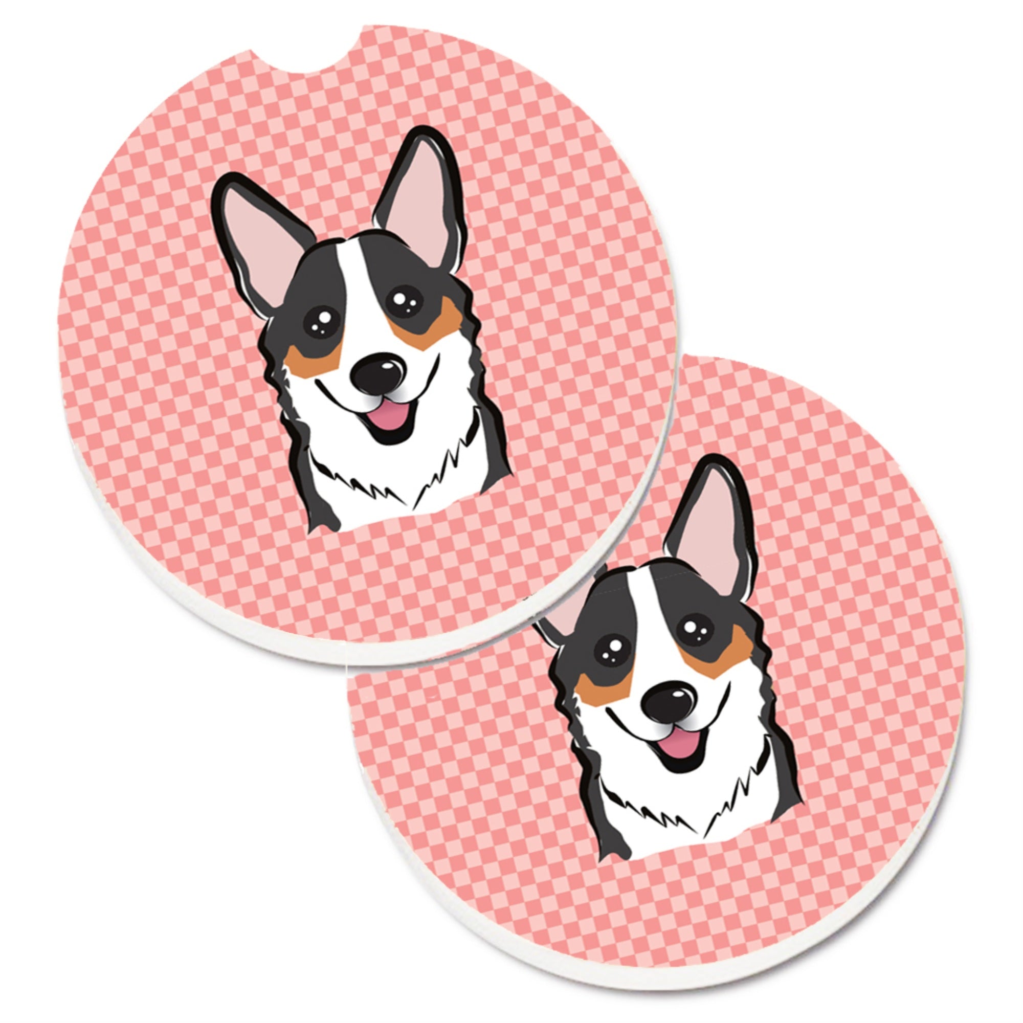 Caroline'S Treasures Checkerboard Pink Corgi Set Of 2 Cup Holder Car Coasters Bb1255Carc, 2.56, Multicolor
