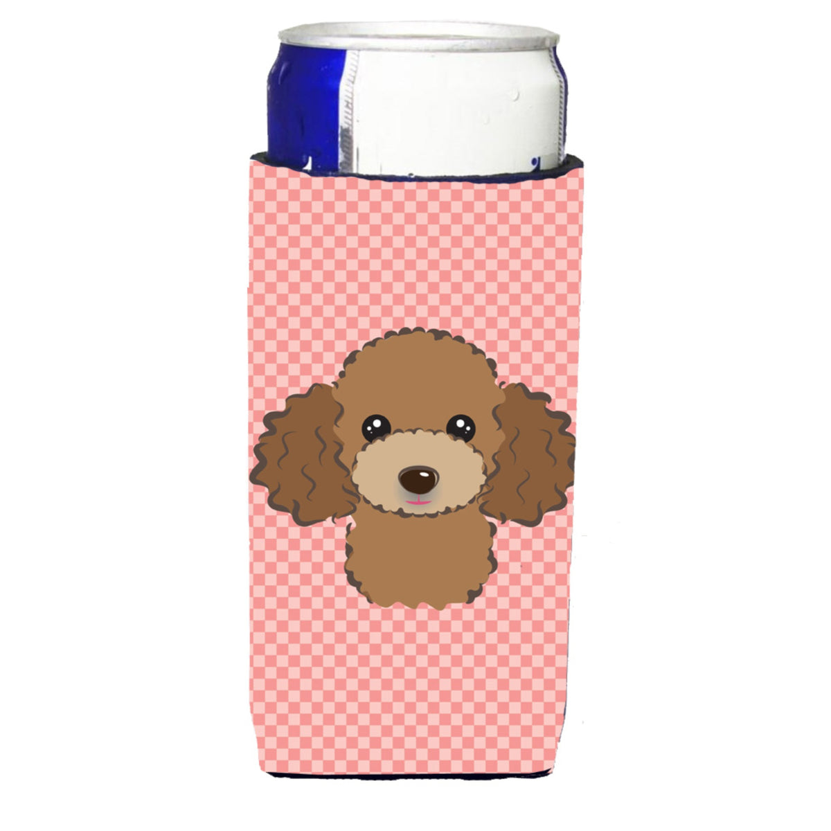 Checkerboard Pink Chocolate Brown Poodle Ultra Beverage Insulators For Slim Cans
